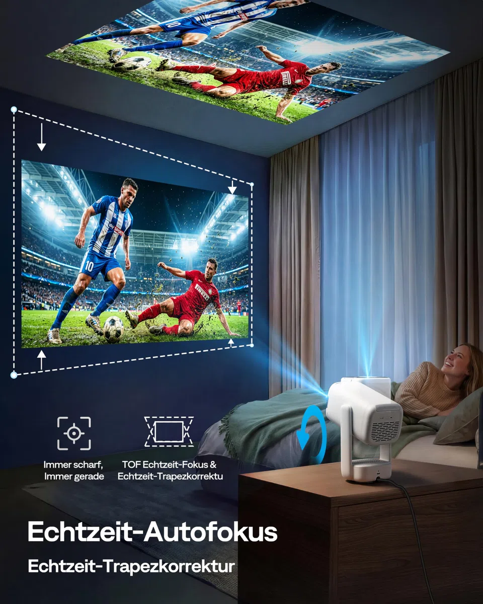 Aurzen D1 air Smart Beamer mit Netflix, 16W Dolby Audio, 1080P HDR10 4K-Unterstützung, 180° Drehbar Mini Tragbarer Projektor mit USB-C PD, TOF-Autofokus, Trapezkorrektur, Weiß