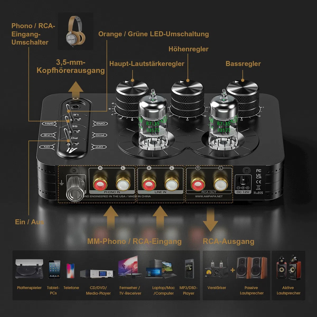 A1 Phono Röhren Vorverstärker, Hi-Fi Audiophiler Vorverstärker, Kopfhörerverstärker, für MM Plattenspieler, mit Ton anpassen für Home Audio Plattenspieler Lautsprecher, Desktop Computer