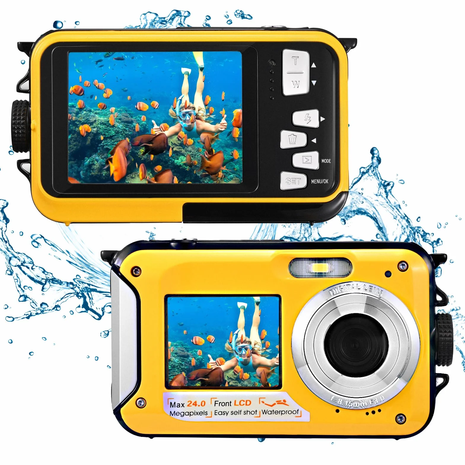 Unterwasserkamera Full HD 2.7K 48MP,Digitalkamera wasserdichte Doppelbildschirm Anti-Shake mit LED-Mikrofon 16 x Digital zoomSnorkelling,Unterwasserkamera for Self-Timer Underwater (Gelb)