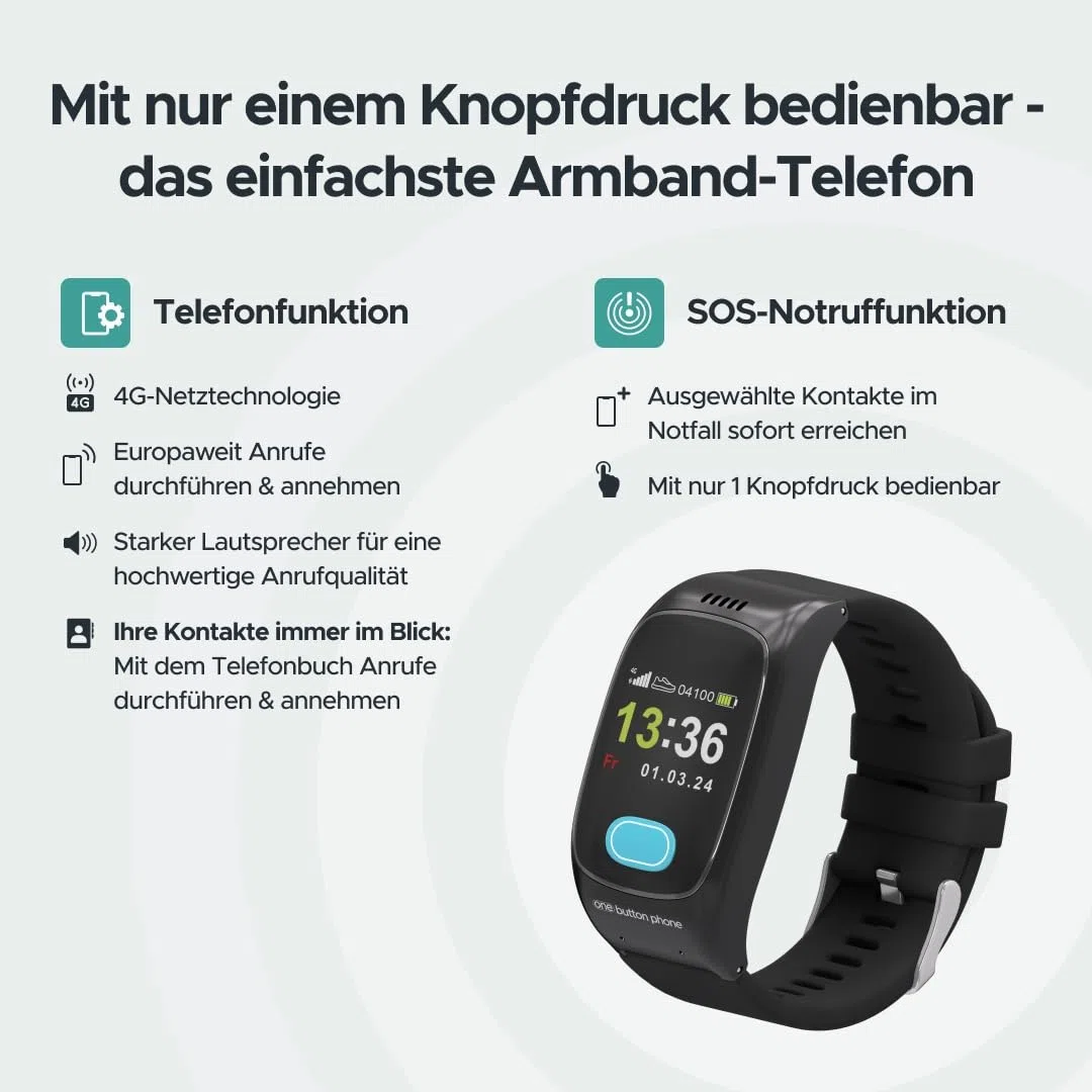 Notfall Uhr mit SOS-Notrufknopf - GPS-Ortung, Sturzerkennung, Telefonfunktion, SIM-Karte dabei, freie Tarifwahl & Kein Abo, Vitaldaten, Familien-App | GPS-Ortung, Sturzerkennung, Telefonfunktion, mit SIM-Karte aber freier Tarifwahl, Kein Abo, Vitaldaten,