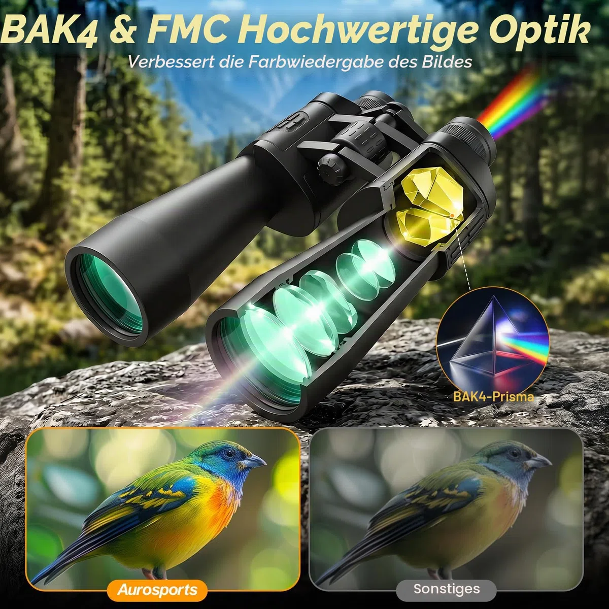 20 x 70 Fernglas für Erwachsene, leistungsstark, Aurosports HD-Fernglas mit klarer Sicht bei schwachem Licht, BAK4-Prisma, große Sicht für Vogelbeobachtung, Jagd, Reisen, Outdoor-Sport, Kreuzfahrt