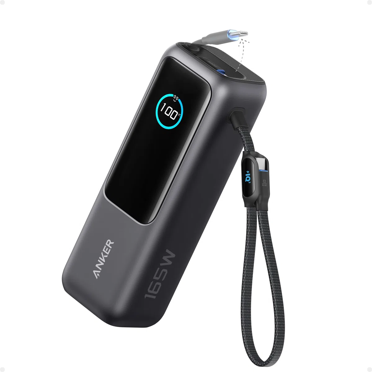 Anker 165W 25000 mAh Laptop Powerbank, Ladegerät mit 70cm ausziehbarem Kabel & Trageband, 3 USB-C Ports für Laden mehrerer Geräte, Für MacBook Pro, iPhone 17/16/15, Samsung und mehr (flugzeugtauglich)