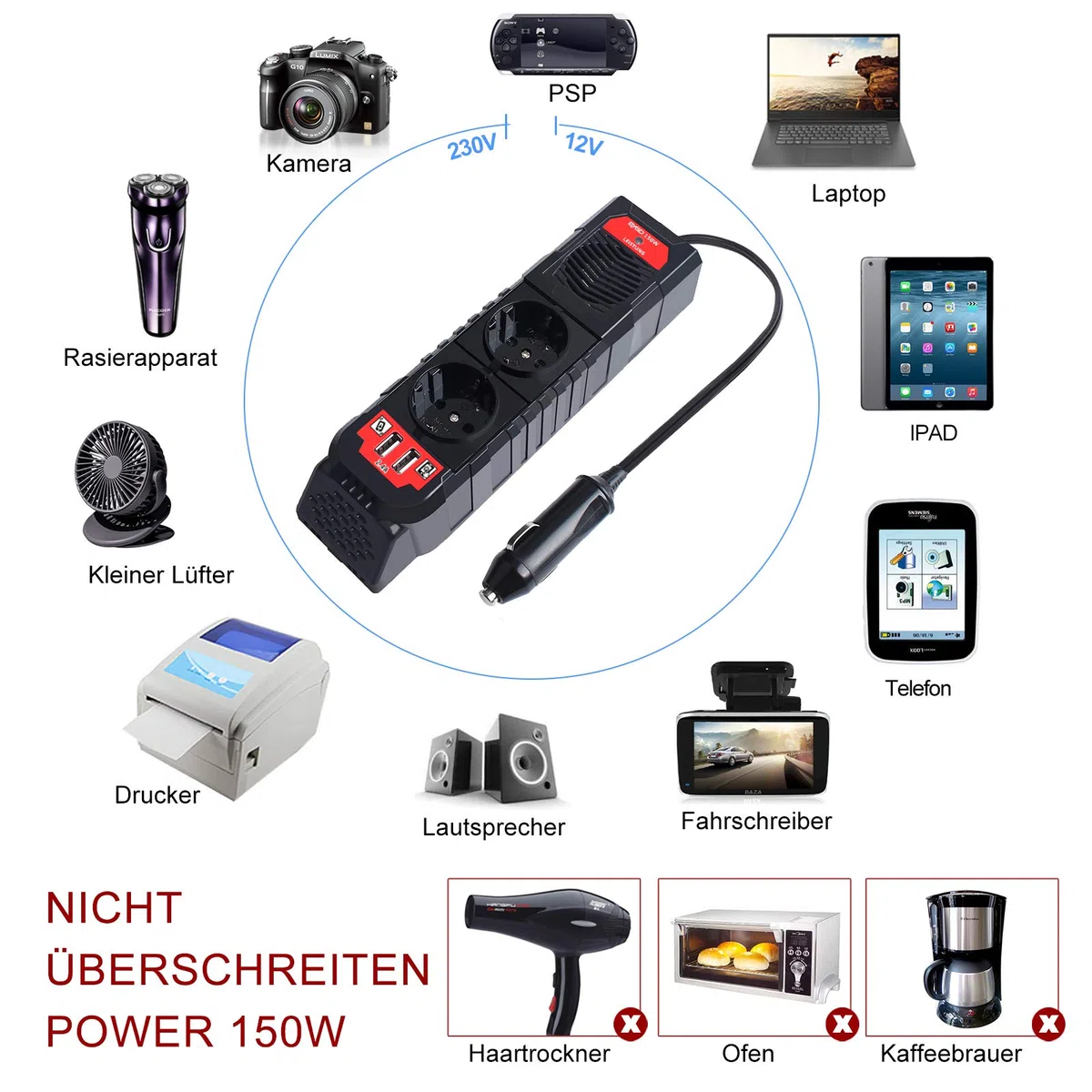 BYGD 150W Auto Spannungswandler Wechselrichter DC 12V auf 230V AC-Wandler mit 2 Ladesteckdosen und Zwei 2,4A USB-Anschlüssen Zigarettenanzünder-Steckdosenadapter für Geschaeftsfahrten und Urlaub