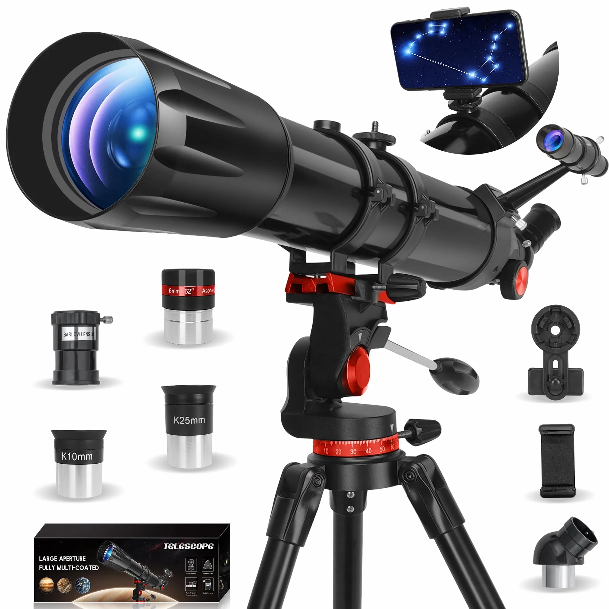 HETEKAN Teleskop 90mm Öffnung 900mm Brennweite, Refraktor-Teleskop für Erwachsene und Anfänger, 36X-450X Astronomie-Teleskop zur Mond- und Planetenbeobachtung mit Edelstahlstativ und Handyadapter