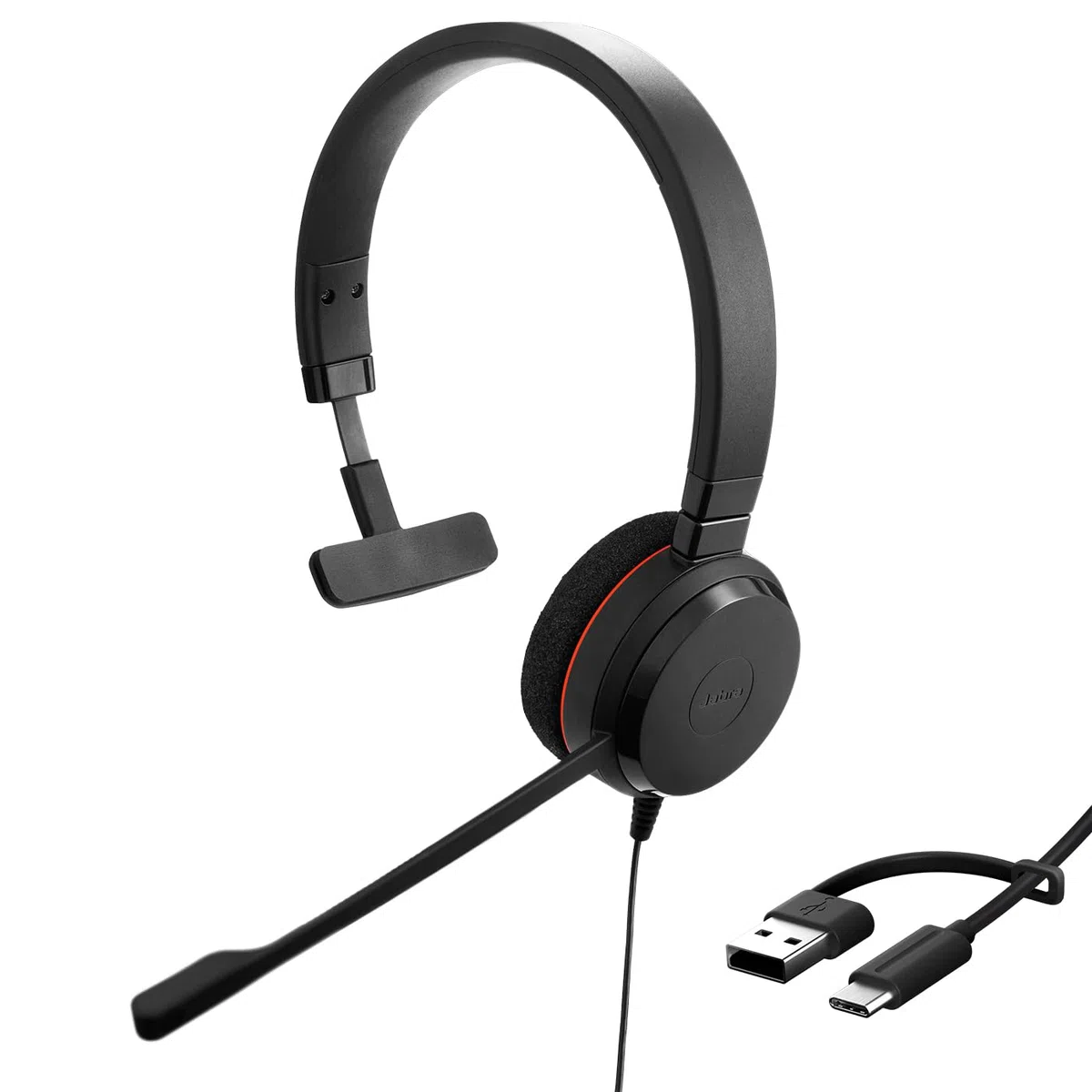 Jabra Evolve 20 Mono Headset - Microsoft Zertifizierte Kopfhörer für VoIP Softphone mit passiver Geräuschunterdrückung - USB-C/A - Schwarz