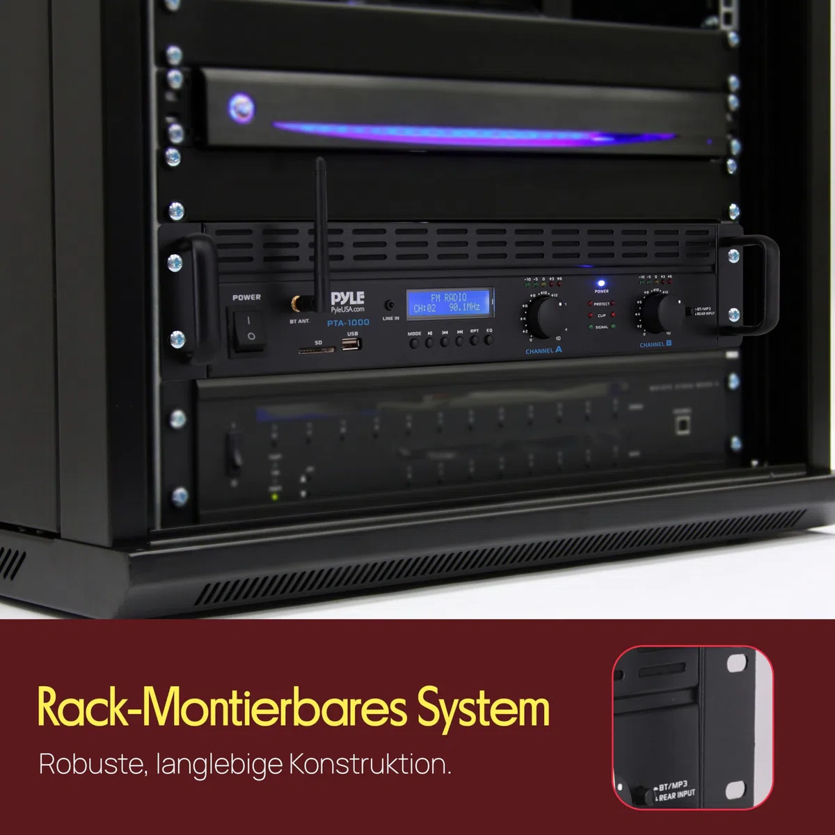 Pyle Verstärker 2 Kanal mit Bluetooth, 2000W, Rackmount Pa Endstufe, XLR, RCA, TRS, USB, Brückenmodus, Lüfter für Hobby-DJs, Veranstalltungen