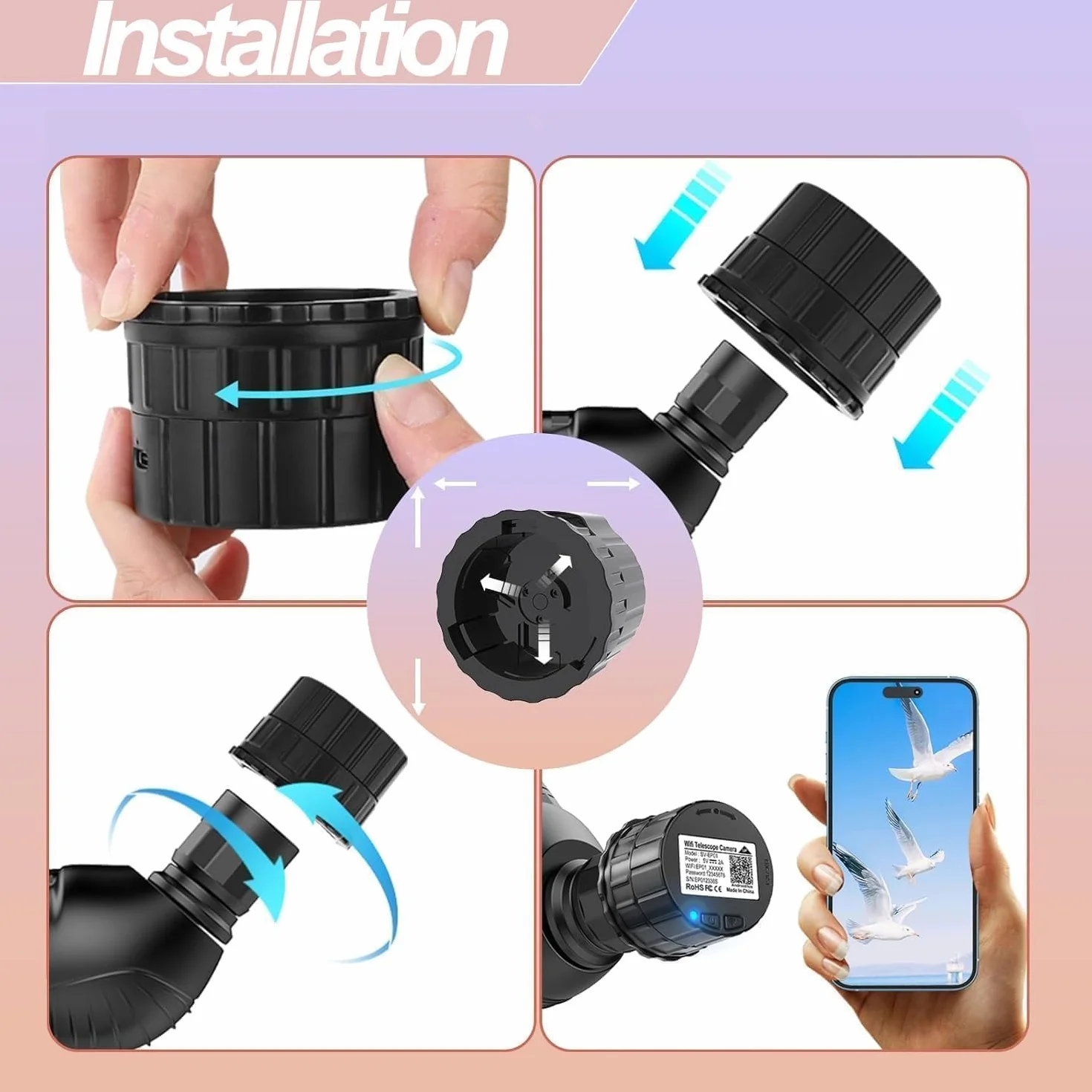 Elektronische WiFi-Okularkamera, 4MP 2K-Videoaufzeichnung Integrierte WiFi-Apps Elektronische Okularkamera für 1,18-1,97-Zoll-Teleskope