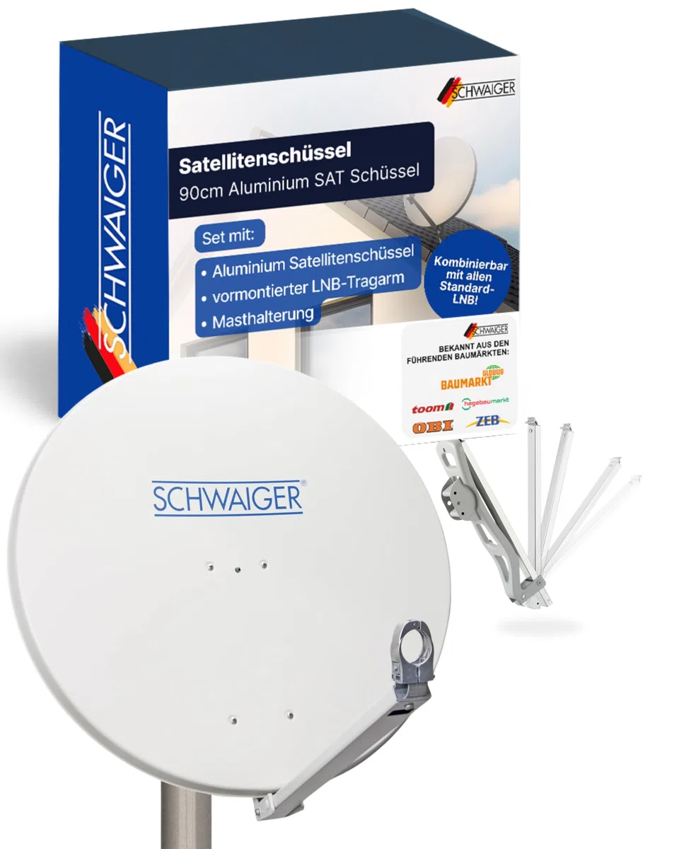SCHWAIGER Satellitenschüssel I Ø 90 cm Aluminium Offset Antenne in hellgrau I Multifeed geeignet & wetterfest I SAT Schüssel mit LNB Tragarm & Masthalterung I maximale Empfangsleistung 39,5dB