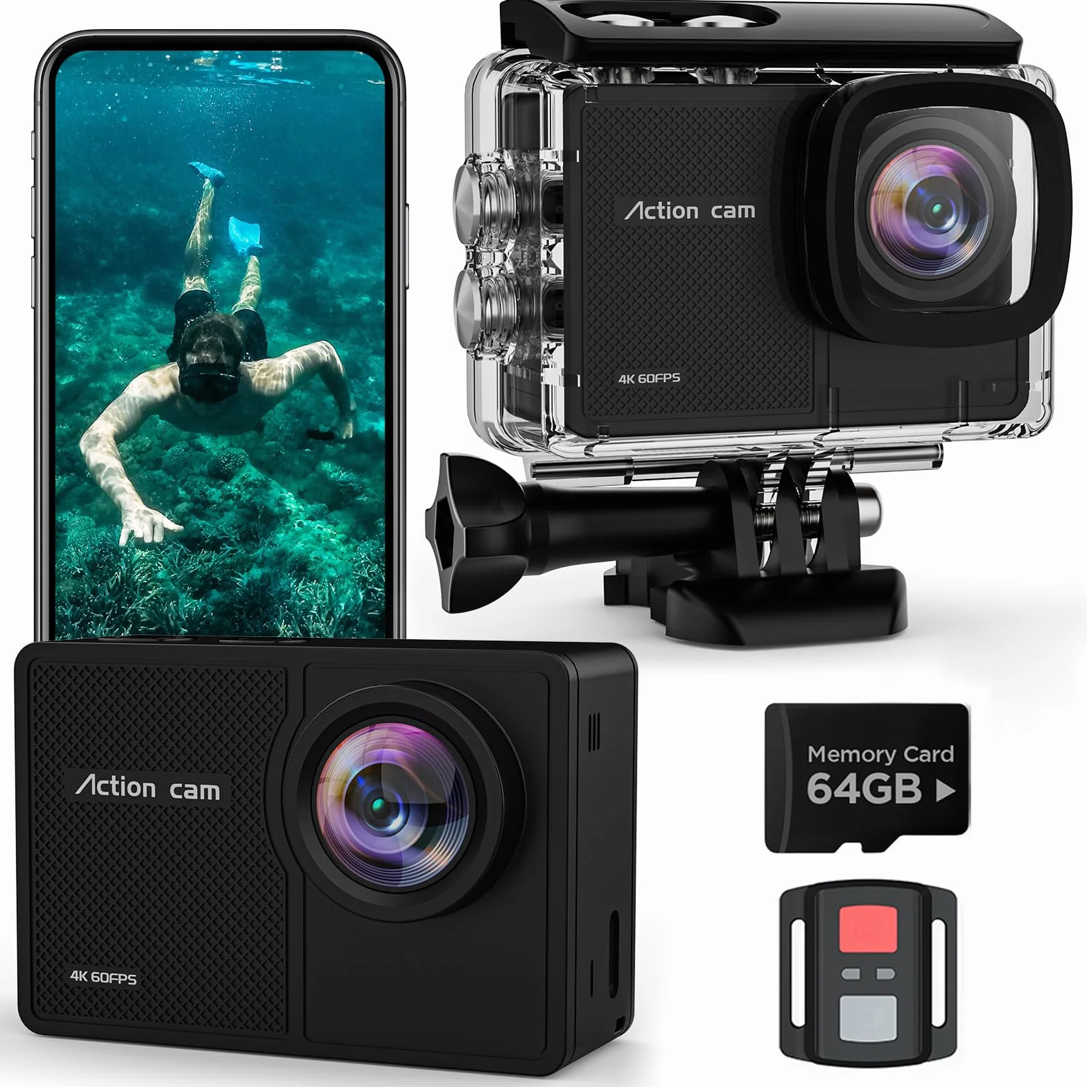 4K 60FPS Action Cam, Unterwasserkamera mit 64G SD Karte 48MP HD WiFi Kamera mit EIS 40M Wasserdicht Actionkameras Weitwinkel Sportkamera mit 2 * 1350 mAh Akkus Helmhalterung Zubehör Kits