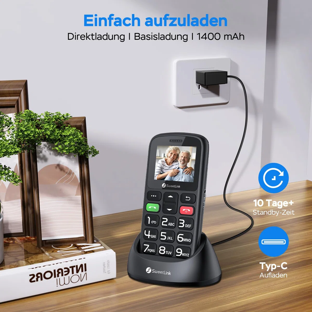 SweetLink S2PLUS Seniorenhandy Dual SIM 2G GSM 1400mAh Akku SOS-Notruftaste 1,77" Großtasten-Display Ladestation FM-Radio