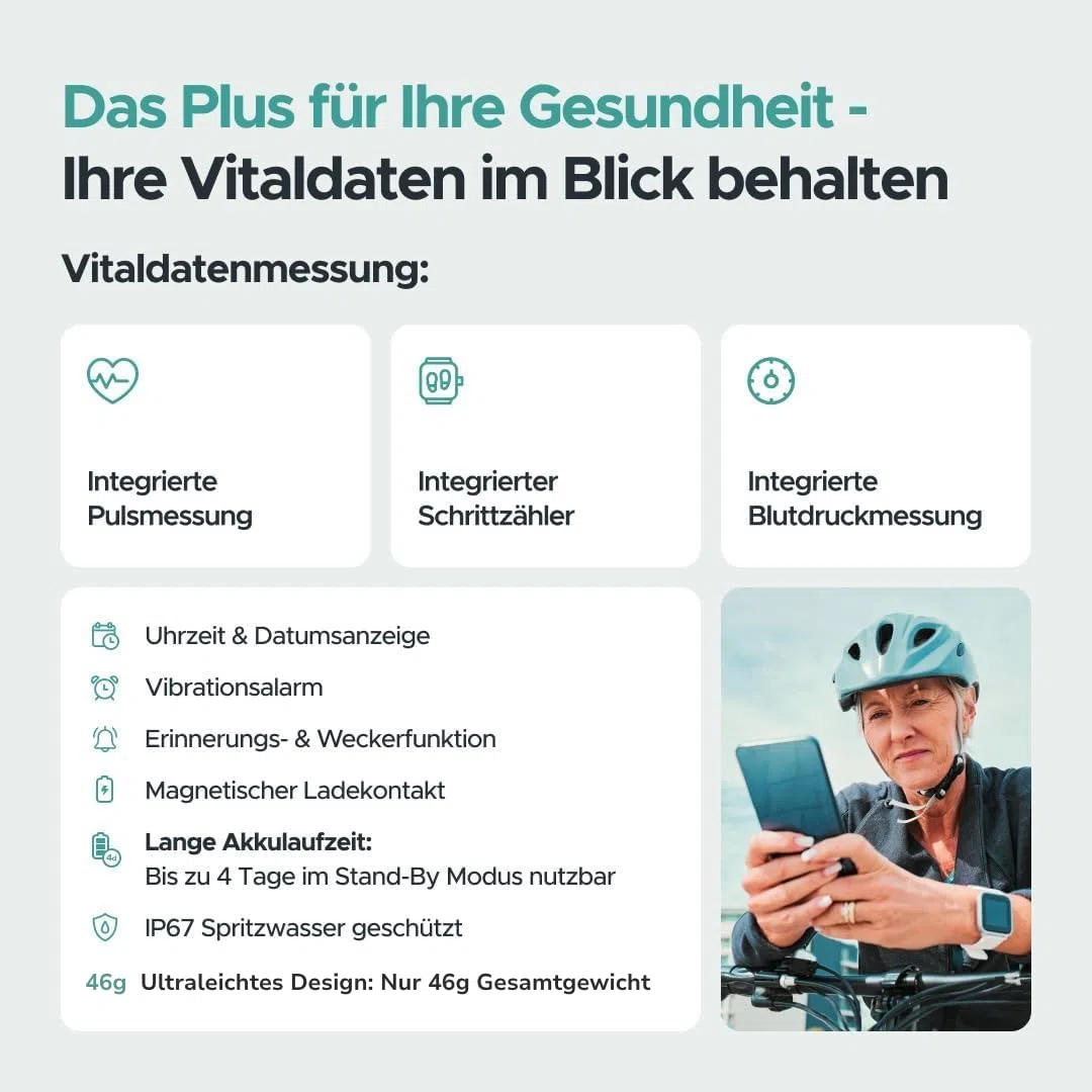 Notfall Uhr mit SOS-Notrufknopf - GPS-Ortung, Sturzerkennung, Telefonfunktion, SIM-Karte dabei, freie Tarifwahl & Kein Abo, Vitaldaten, Familien-App | GPS-Ortung, Sturzerkennung, Telefonfunktion, mit SIM-Karte aber freier Tarifwahl, Kein Abo, Vitaldaten,