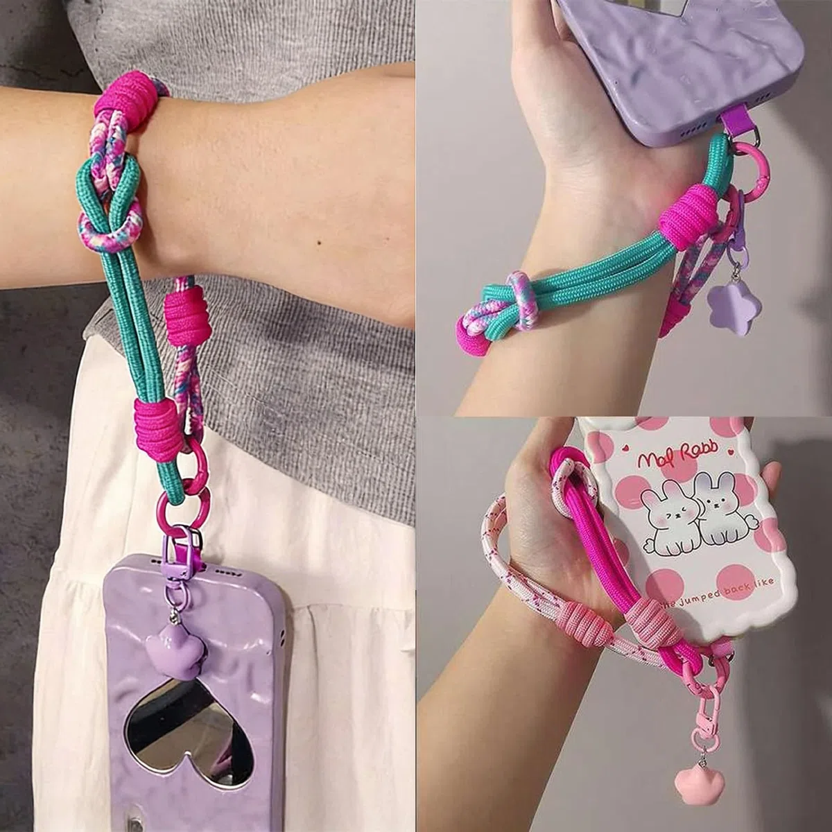 Farbblockierung Handykette Kurz Handyband Universal Rosa Handyanhänger, Gewebt Phone Strap Lanyard Handschlaufe Handy Handyschmuck für Handyhülle Keychain