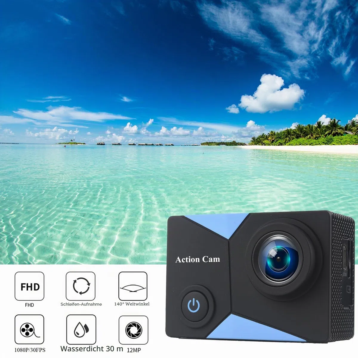WiFi Action Cam FHD 1080P mit 32GB Speicherkarte, Actionkamera wasserdicht bis 30M, Action Camera mit 2x1050 mAh wiederaufladbare Akkus und Zubehor-Set