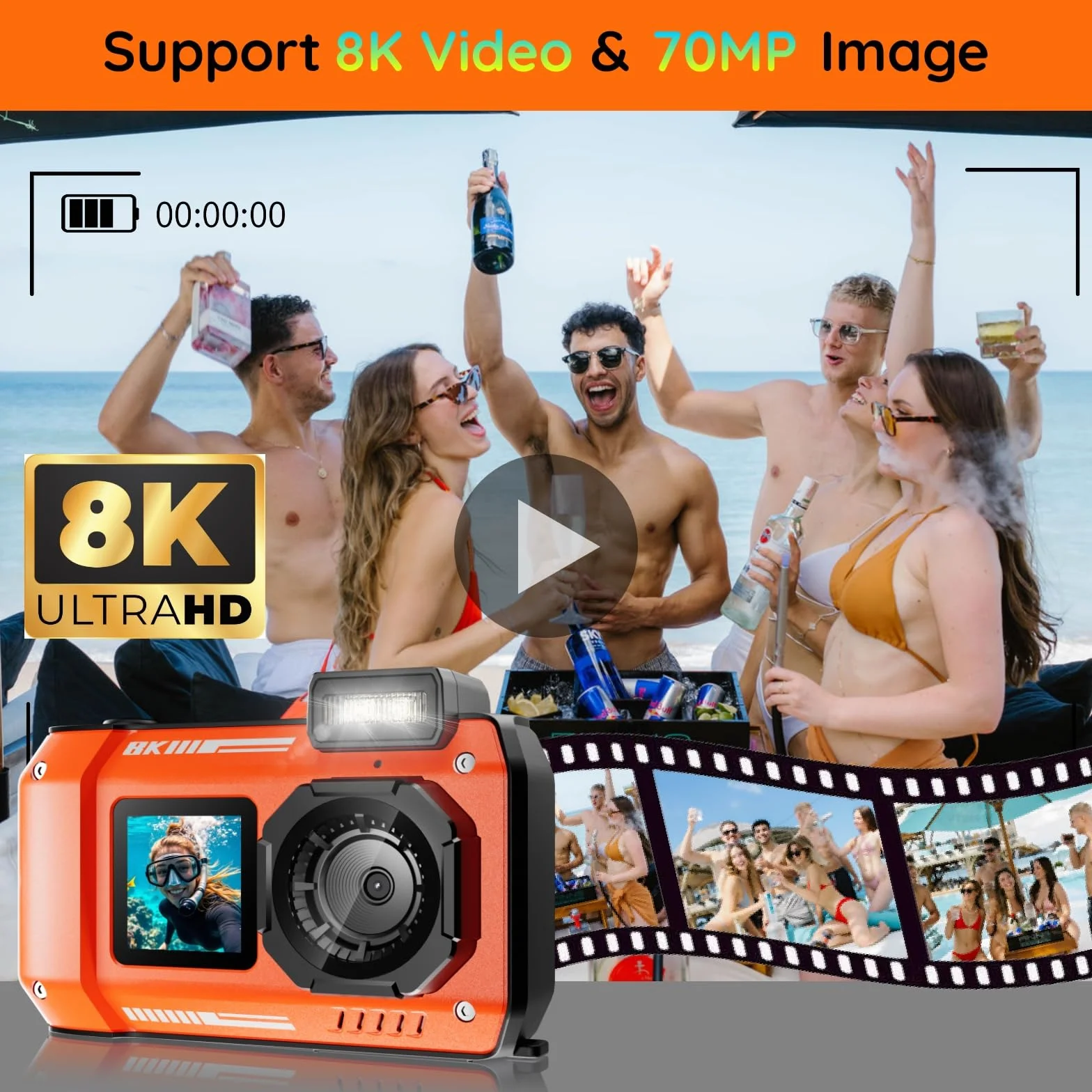 MaxMango Digitalkamera, 8K & 33FT Unterwasserkamera mit 64GB, 2.8'' Doppelte Bildschirme Selfie wasserdichte Staubdichte stoßfest Kompakte für Kinder Teenager Anfänger Erwachsene(Orange)