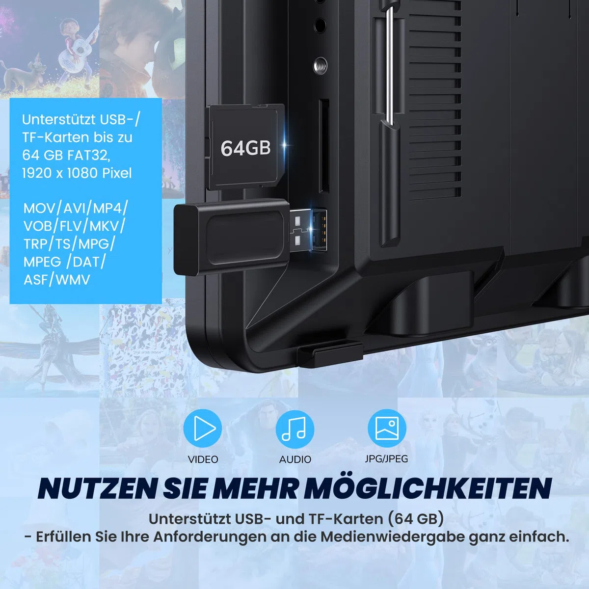 12'' Auto DVD Player für Kinder mit HDMI-Eingang, Tragbarer DVD-Player unterstützt USB/TF-Karte, AV-EIN- und -Ausgang, regionenfrei, letzter Speicher