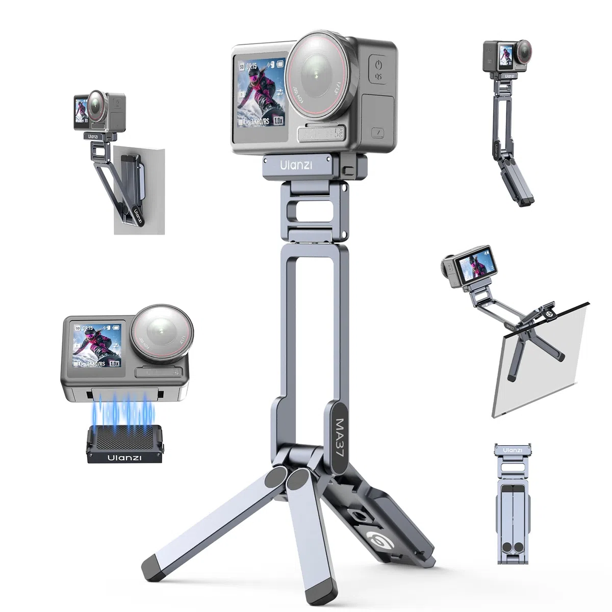 LANZI MA37 Mini Stativ mit Schnellwechsel, für DJI Osmo Action 3 4 5 Pro Action 5, neues magnetisches Schnellverriegelungssystem, Tischstativ mit 1/4-20-Zoll-Kaltgeräteschuh, Alu-Vlog-Selfiestick