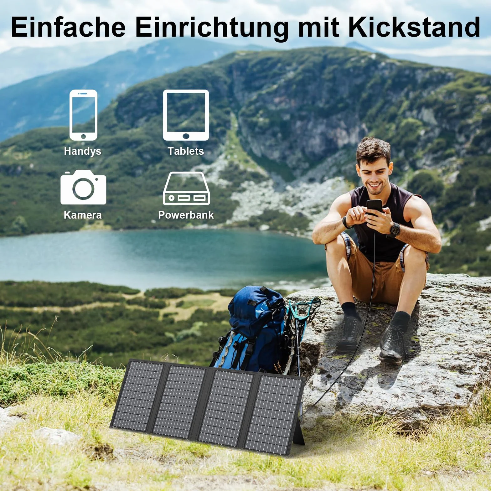 60W Tragbares Solarladegerät mit Ständer, Faltbares Solarpanel mit USB-C, USB-A und DC-Ausgängen, für Camping, Wandern, Notstromversorgung für Kleine Stromgeneratoren, Telefone, Powerbanks