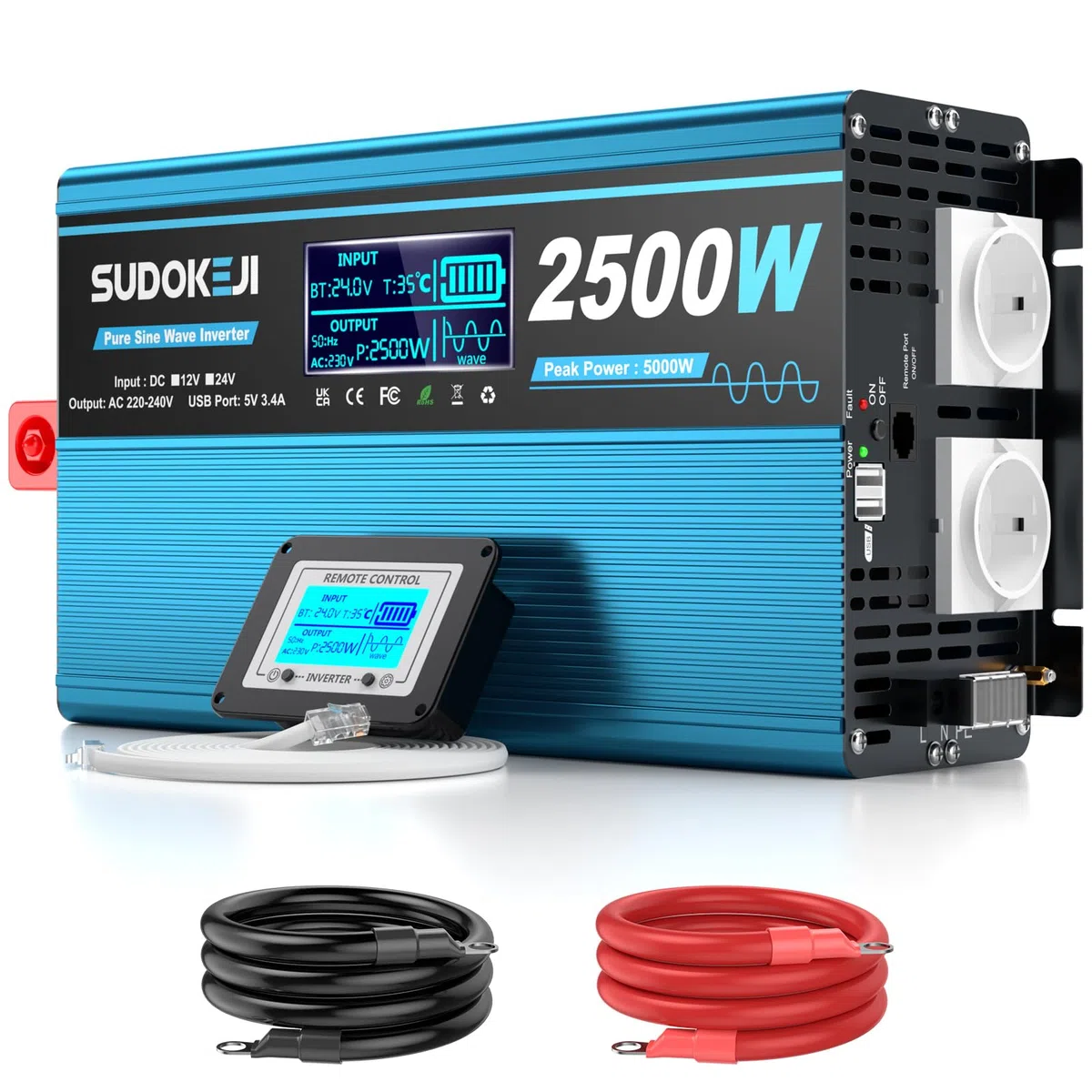 Wechselrichter 24V auf 230V Reiner Sinus 2500W Spannungswandler mit LCD-Bildschirm-Fernbedienung 2 EU-Steckdosen & 2 USB-Anschluss für Wohnwagen, Boot, Camping