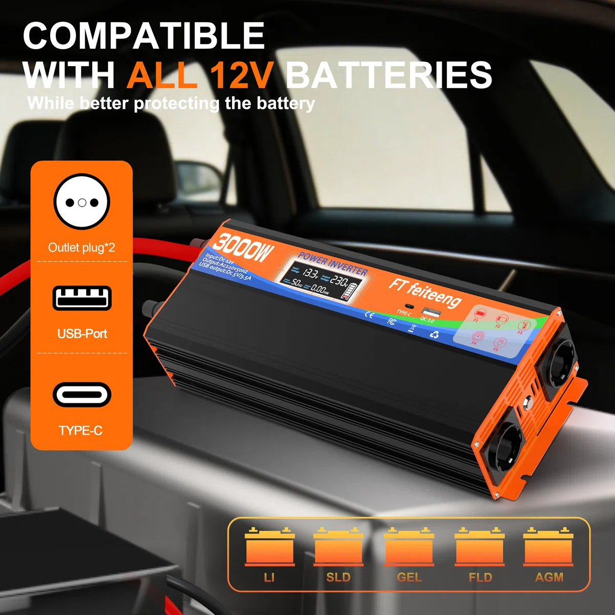 3000W Wechselrichter 12V auf 230V Spannungswandler mit 2 Europäische Steckdose und USB-C-Anschluss und QC 3.0-Hafen LCD Spannungsanzeige，Für Wohnmobil Haushaltsgeräten