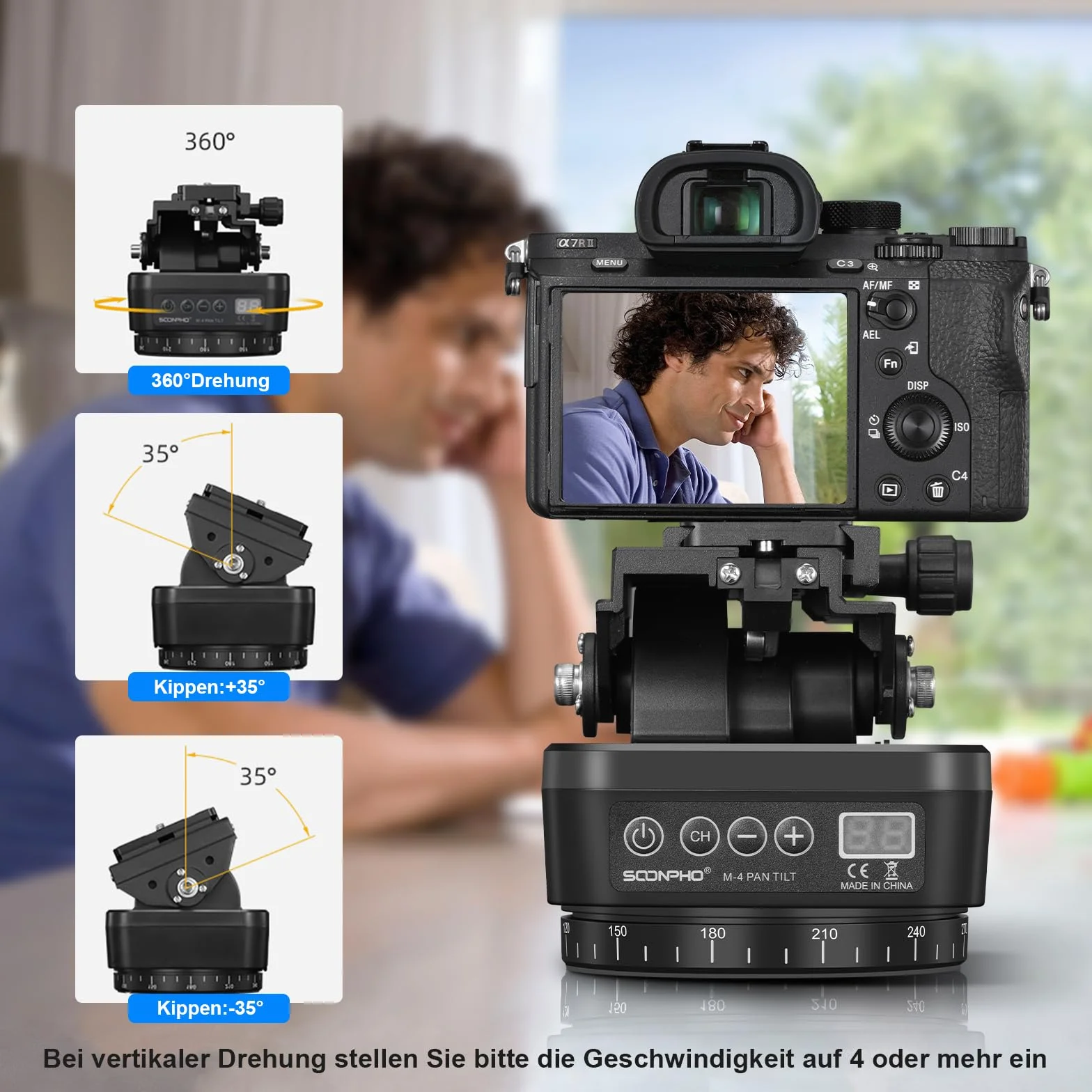 Soonpho M4 Panorama Stativkopf Motorisierter Kopf Kameras Remote Control Pan Tilt Motorized Head 360 Grad Erehbarer Elektrischer mit Telefonklemme und Fernbedienung für DSLR-Kameras,Smartphones