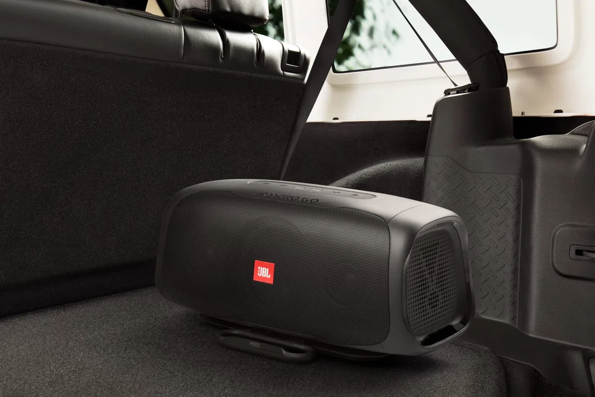 JBL BASSPRO Go Plus mit Heimladegerät - 2 in 1: Aktiv Subwoofer Auto und 200 Watt Bluetooth Lautsprecher Box Einsetzbar im Auto & zu Hause, Black