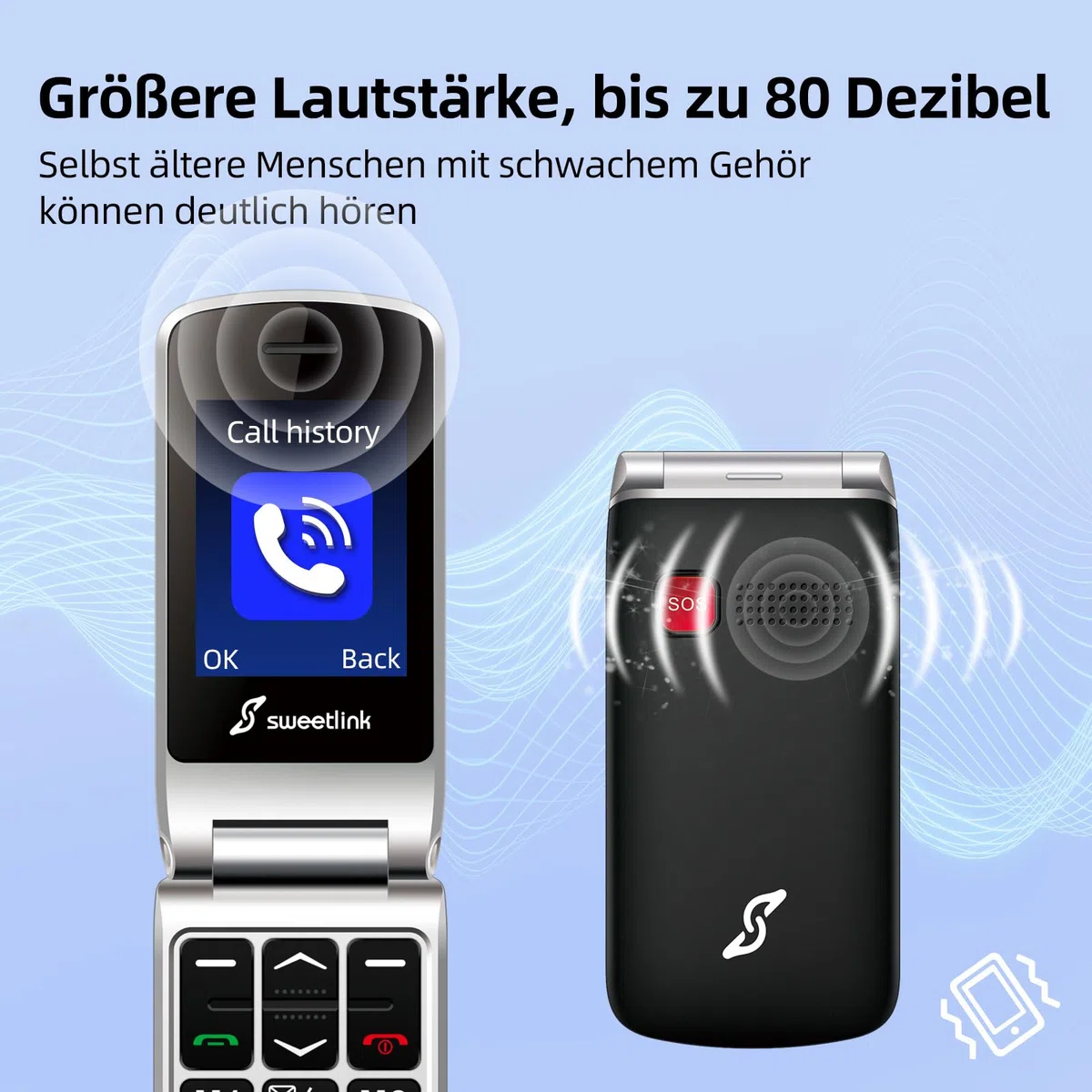 SweetLink F1PLUS Seniorenhandy Klapphandy Ohne Vertrag, Großtastenhandy mit Ladestation, GSM Flip Mobiltelefon SOS Notruffunktion, 1000mAh Akku, Taschenlampe, FM-Radio, 2,4 Zoll Farbdisplay, Schwarz