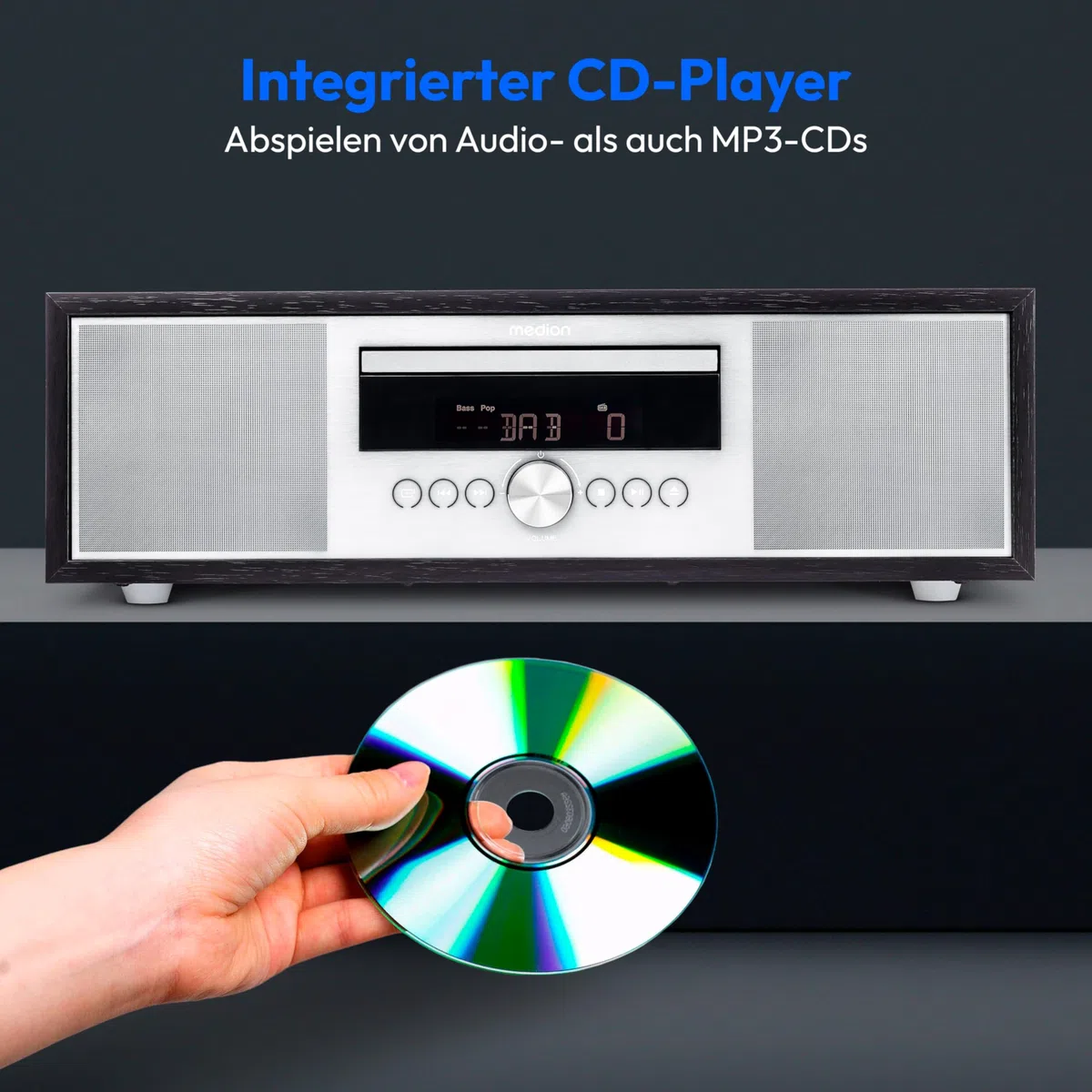 MEDION P64145 Stereoanlage (DAB+, CD, MP3, PLL UKW Radio, USB, Kompaktanlage, Elegantes Design, Weckfunktion, Sleep Einschlafautomatik) schwarz-Silber