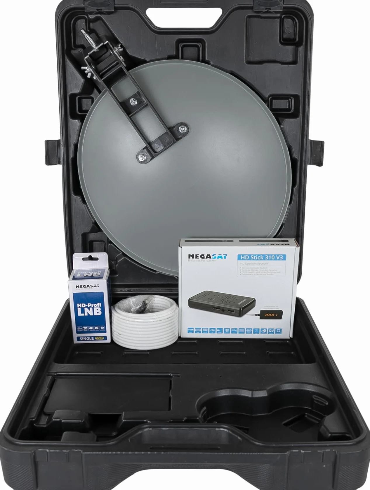 Megasat Campingkoffer HD – Mobile Sat-Anlage mit HD Receiver | Inkl. Sat-Spiegel, 10 m Koaxialkabel, Single LNB, Saugfuß, Masthalterung
