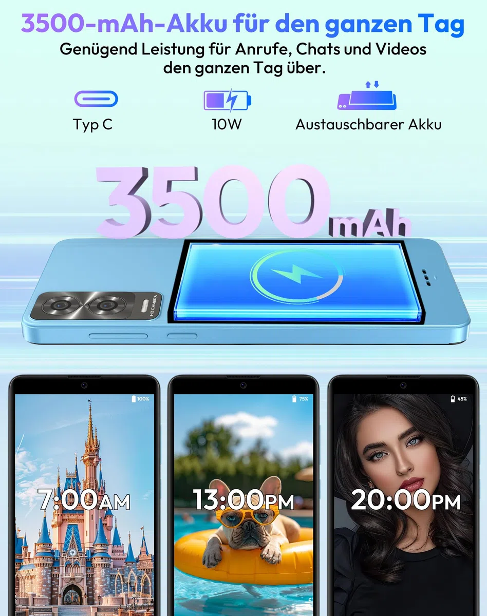 XGODY X33 Smartphone Ohne Vertrag, 6 Zoll 4G Dual SIM Günstig Handy, Octa-Core, Android 15 Go, 3GB+32GB/128GB Erweiterbar, 8MP+5MP Kamera, Face ID, GPS, Blau