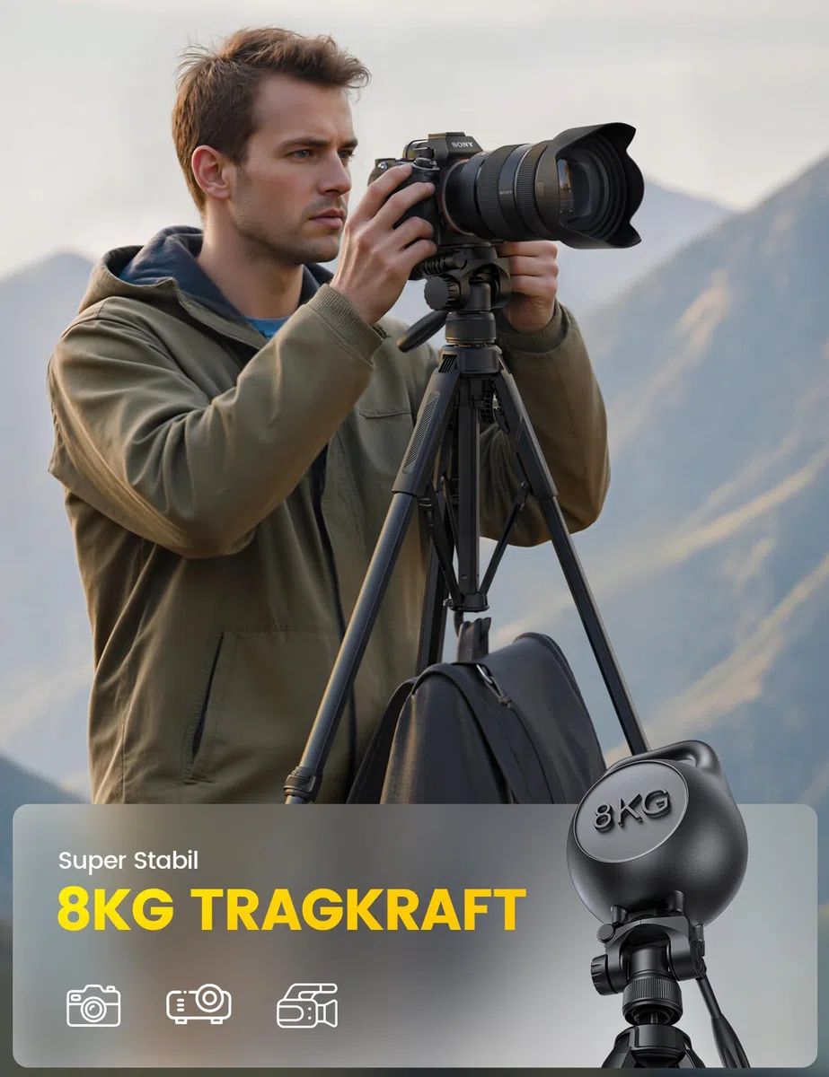 Lamicall Stativ Kamera, Kamerastativ Tripod - [Patentierte Schnellöffnung] Super Stabiles Camera Tripod mit 8KG Tragkraft & 4-Stufige Höhenverstellung, 170cm Reisen Dreibein-Stative mit Handyhalterung