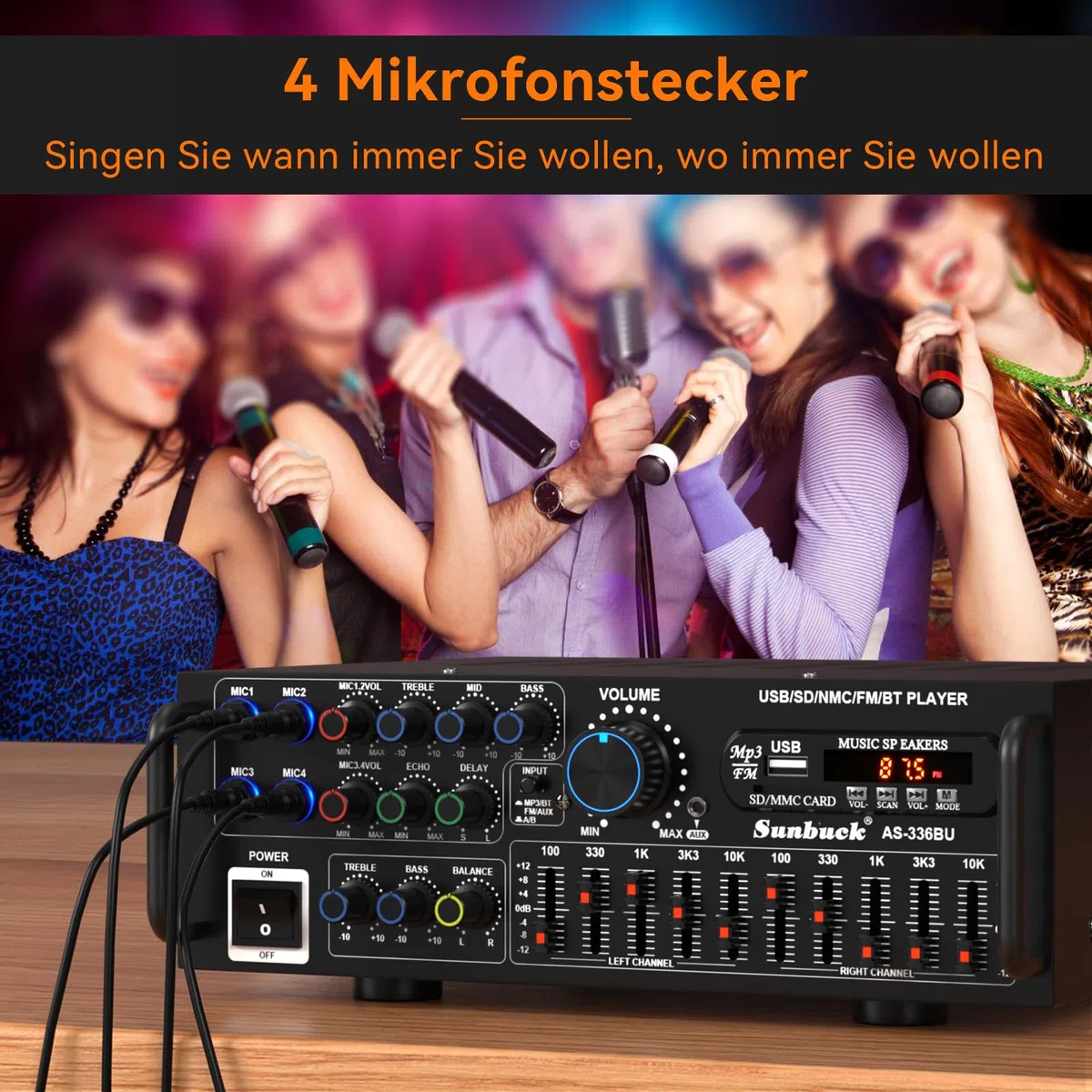 HiFi Verstärker Stereo pa endstufe mit Bluetooth 5.0 2000W Audio Receiver Karaoke FM USB SD AUX, Vorverstärker HiFi 5-Band-EQ-Mixer, 4 Mikr, Verstärker mit Boxen, Tuner HiFi Stereo