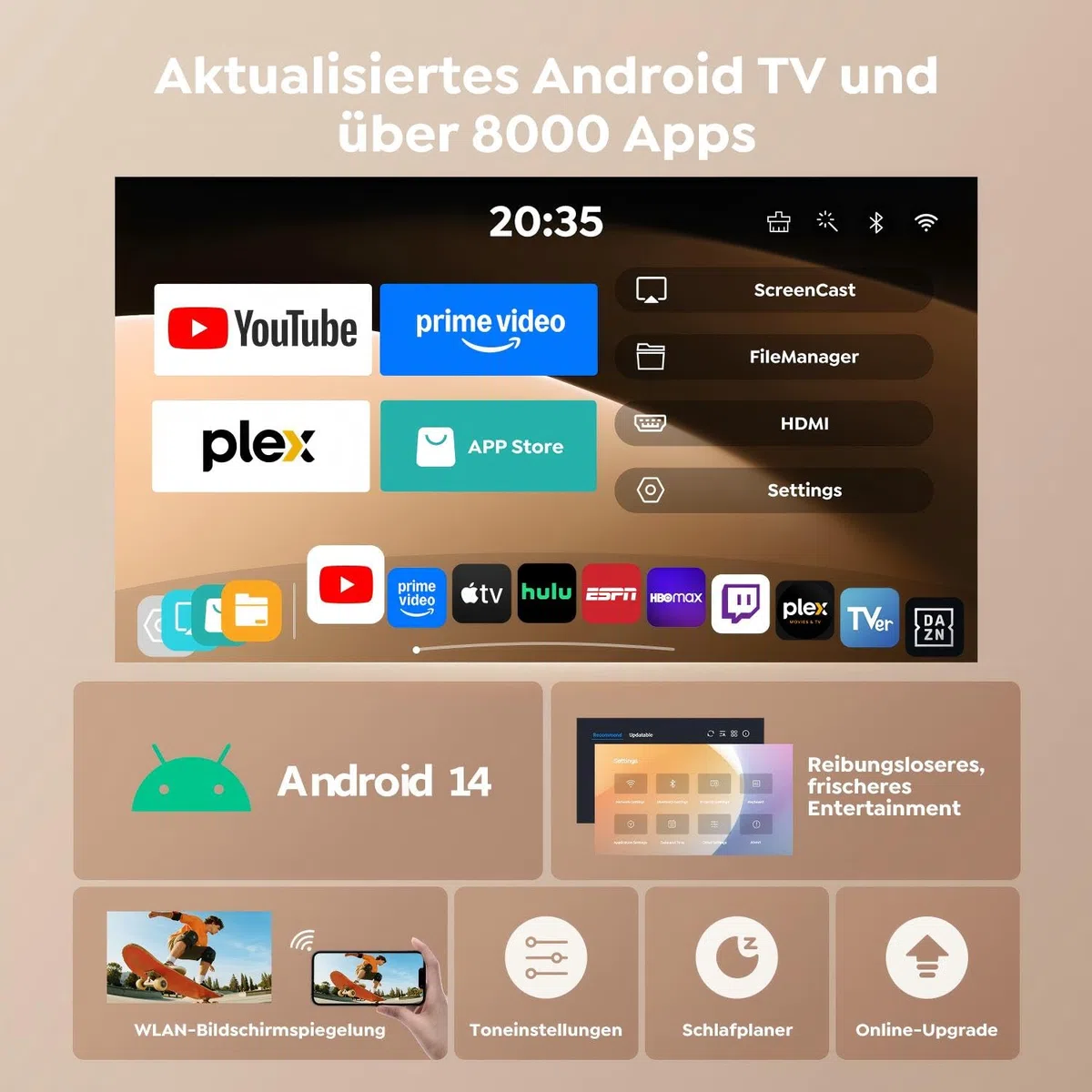 Mini Beamer 4K 1080P Android 14 270° Drehbar Smart Beamer Klein WiFi 6 Bluetooth 5.4 Tragbarer Projektor Heimkino Outdoor Auto Trapezkorrektur HDMI