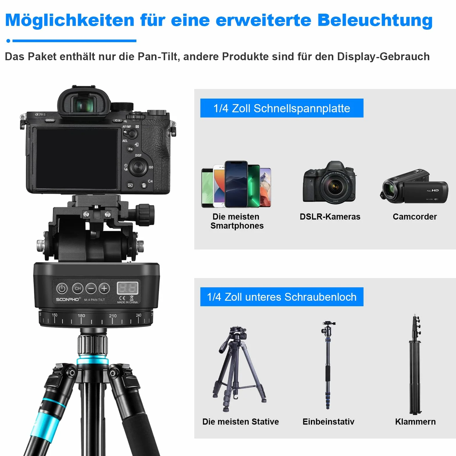 Soonpho M4 Panorama Stativkopf Motorisierter Kopf Kameras Remote Control Pan Tilt Motorized Head 360 Grad Erehbarer Elektrischer mit Telefonklemme und Fernbedienung für DSLR-Kameras,Smartphones