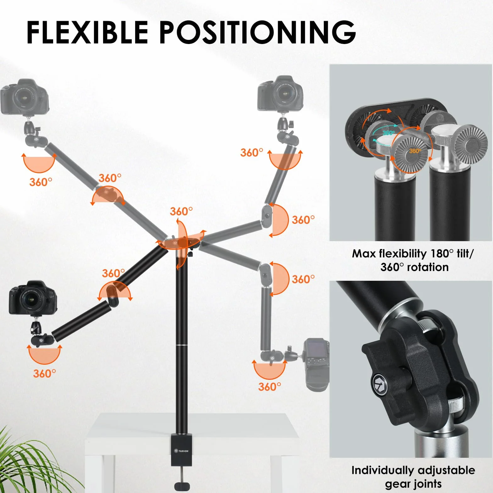 TARION Overhead Stativ Kamera Tischstativ Klemmstativ Flexibel Gelenkarm Tisch Halterung mit 3/8'' Gewinde und 3/8'' auf 1/4'' Schrauben Adapter für DSLR Kameras Ringlicht Projektor(L, Neu)