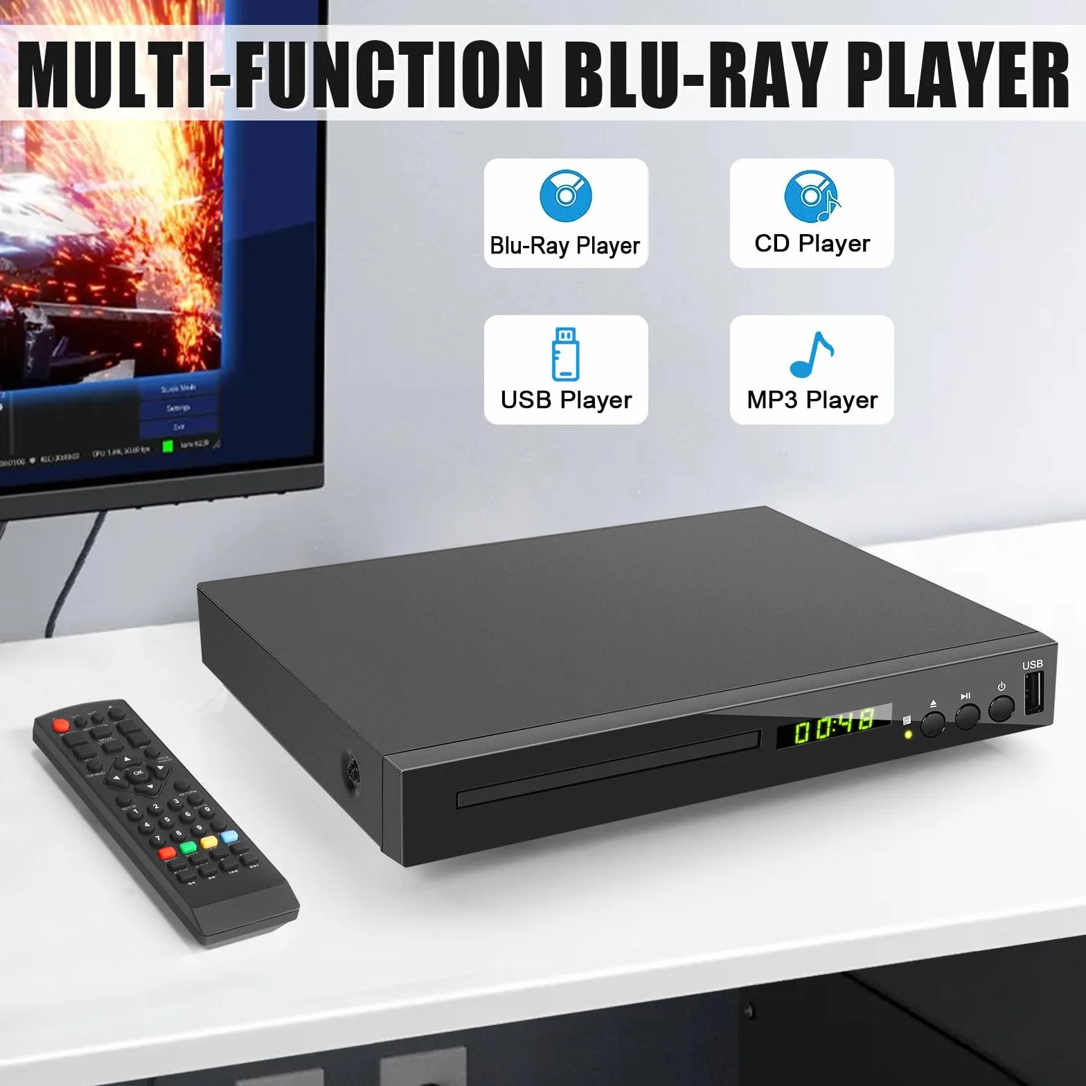 Blu-ray Player für TV, Kompakt Blu-ray-Disc-Player 1080P mit HDMI, AV, Koaxial, USB, PAL NTSC