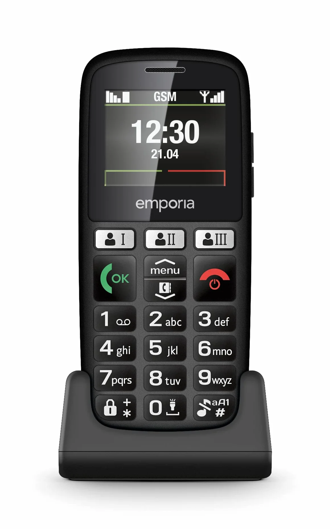 Emporia Happy Handy für Senioren, robust und hochwertig, hohe Lautstärke, Farbdisplay, Bluetooth, 3 Schnellanruftasten, große Tasten beleuchtet, Ladestation, Schwarz (Italien)