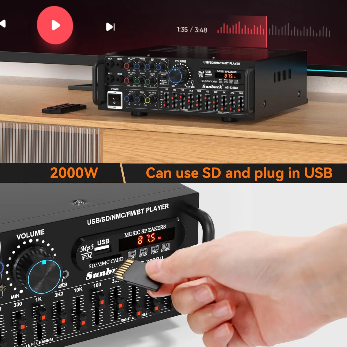 HiFi Verstärker Stereo pa endstufe mit Bluetooth 5.0 2000W Audio Receiver Karaoke FM USB SD AUX, Vorverstärker HiFi 5-Band-EQ-Mixer, 4 Mikr, Verstärker mit Boxen, Tuner HiFi Stereo