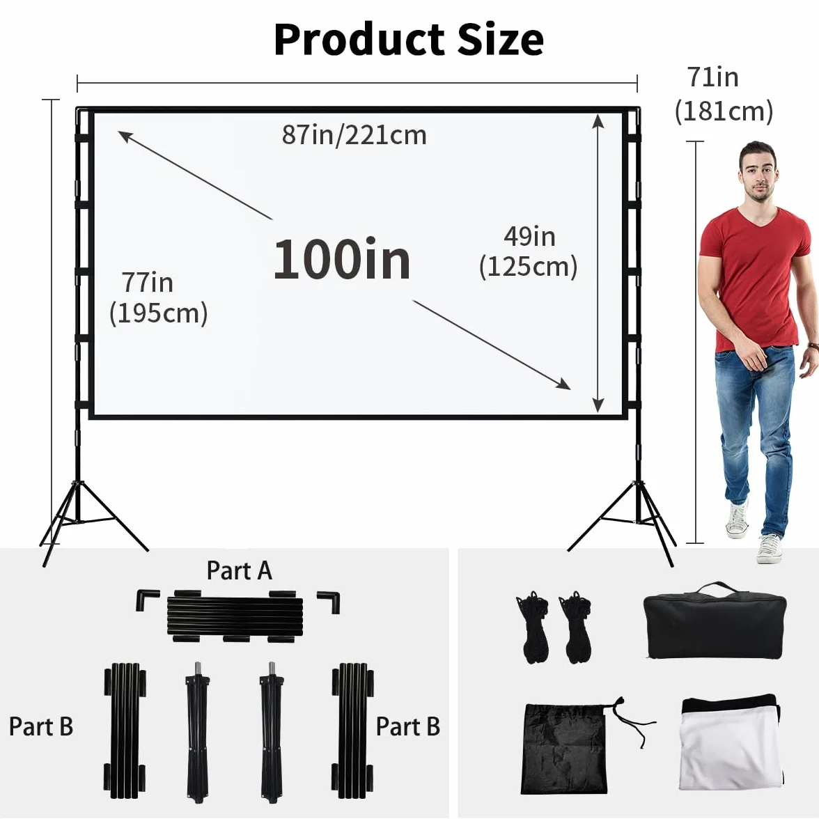 TOWOND Beamer Leinwand mit Stativ, Mobile Leinwand für Beamer 100 Zoll, Filmleinwand Indoor Projektor Tragbare Outdoor Kino, 16:9 HD Rear Front Projektion mit Tragetasche für Home Garten Party Nächte