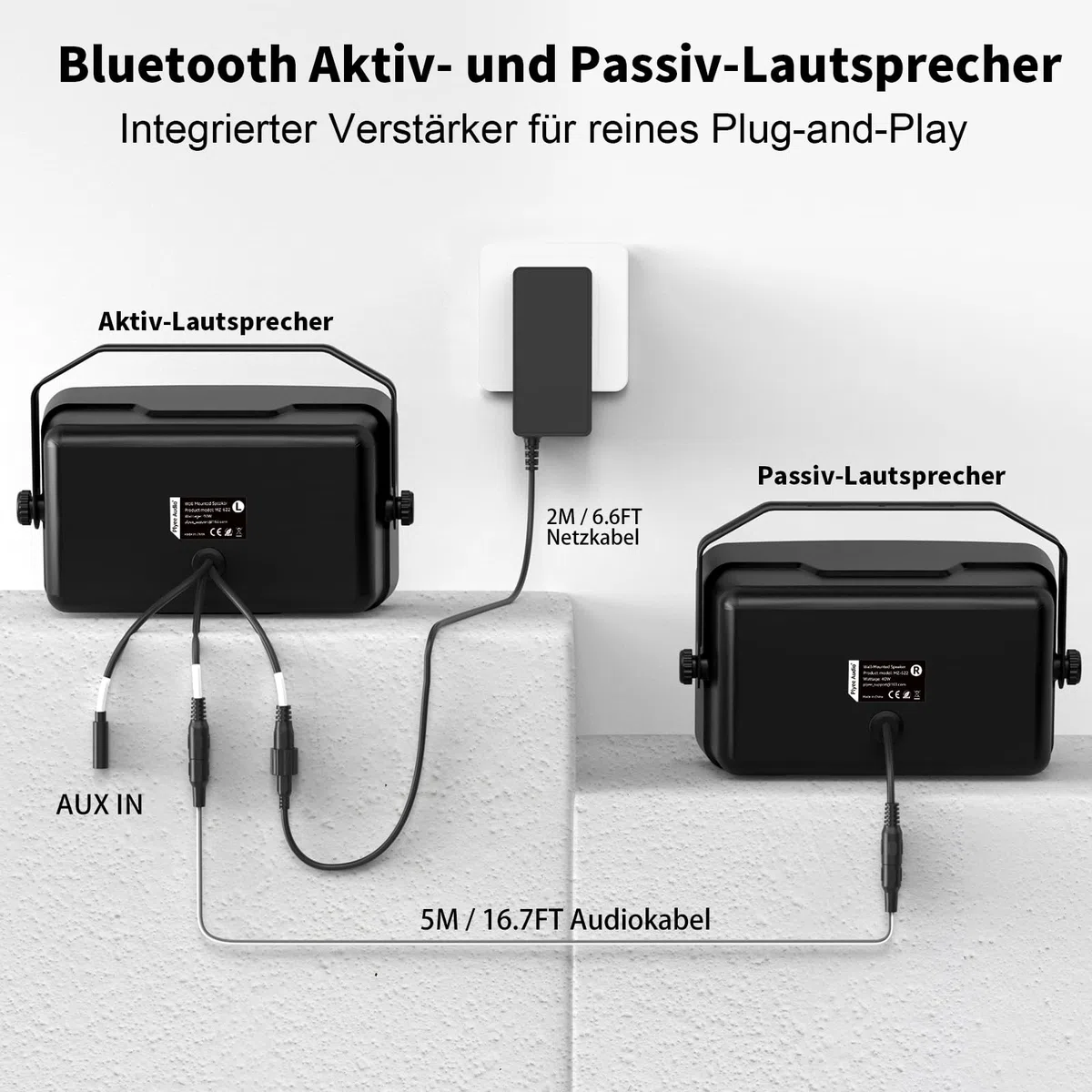 Bluetooth-Lautsprecher für den Außenbereich, Aktive + Passive Wandlautsprecher, Aux-Eingangsunterstützung, Integrierter Verstärker, Geeignet für Terrasse, Veranda, Garage, Pool, 2er-Pack