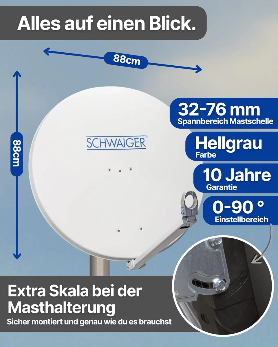 SCHWAIGER Satellitenschüssel I Ø 90 cm Aluminium Offset Antenne in hellgrau I Multifeed geeignet & wetterfest I SAT Schüssel mit LNB Tragarm & Masthalterung I maximale Empfangsleistung 39,5dB