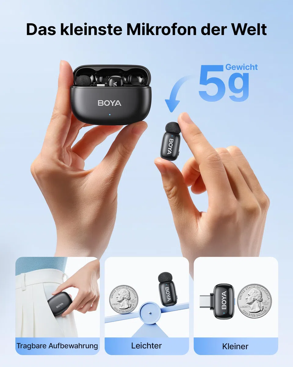 BOYA MINI 2 Mikrofon Handy, 48kHz/24Bit, 100m, 30h, USB-C, Kabelloses Lavalier-Mikrofon für iPhone 15 16 17 Serie, Android