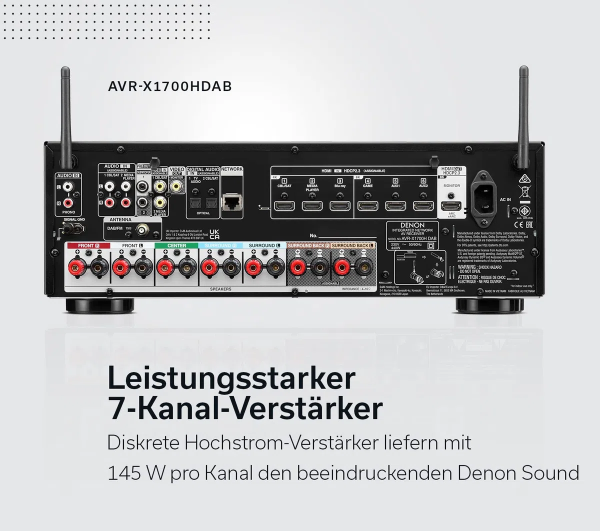 Denon AVR-X1700HDAB 7.2-Kanal AV-Receiver mit Dolby Atmos, DTS:X, 8K HDMI, Bluetooth, WLAN, AirPlay 2, HEOS