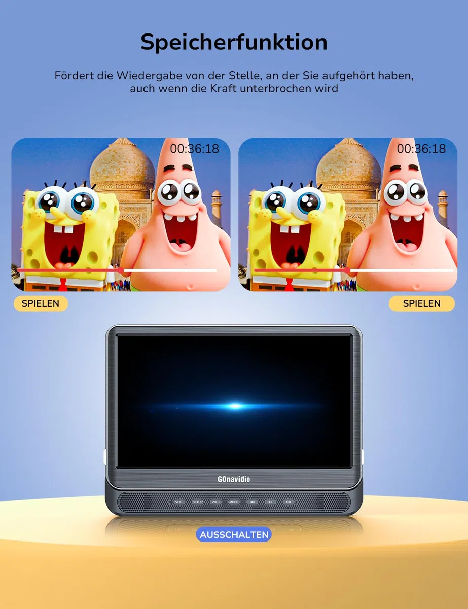 GOnavidio 12'' Auto DVD Player 2 Monitore mit HDMI-Eingang, 2 Kopfhörern, Auto Fernseher für Kinder Unterstützt Letzter Speicher, Regionsfrei, USB-SD-Karte