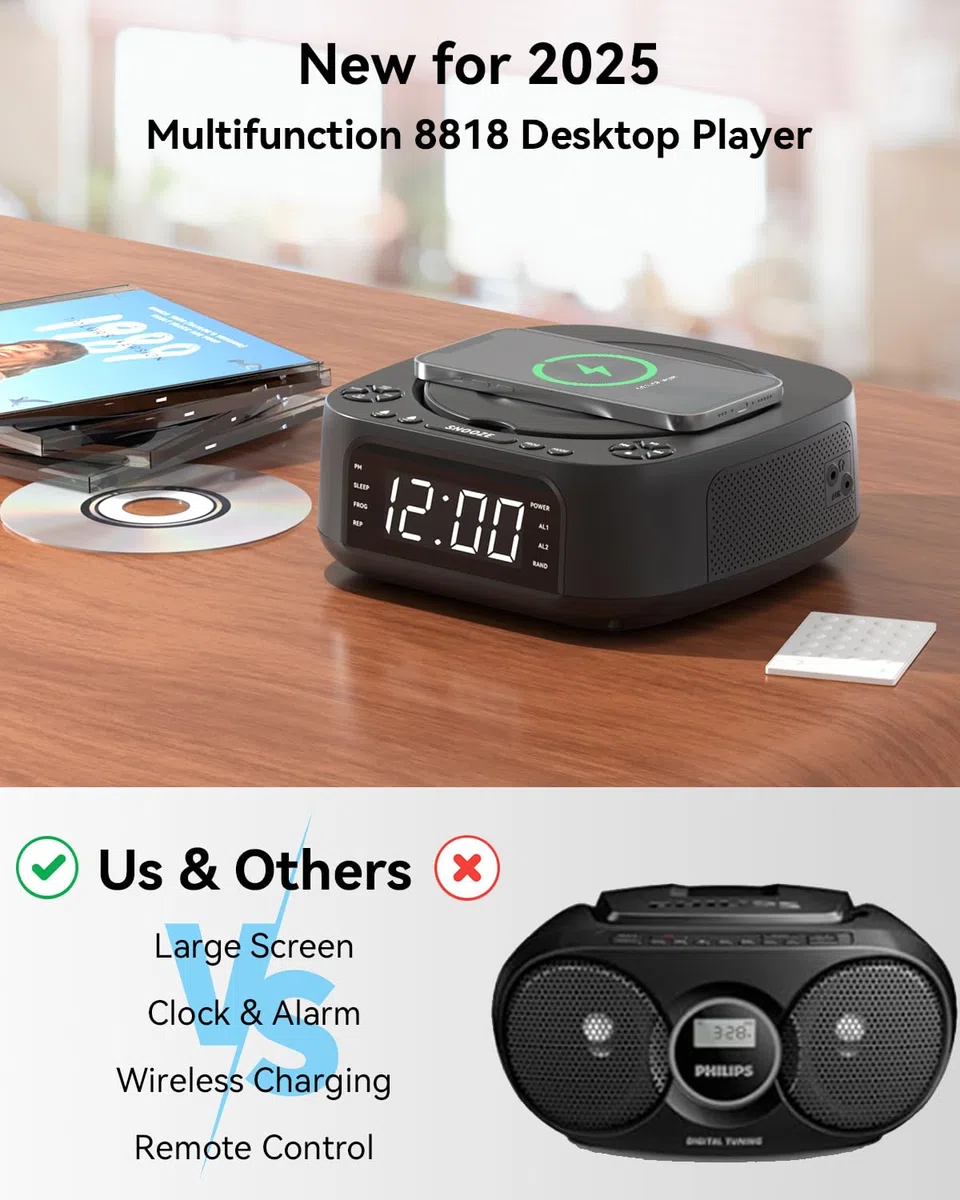 MONODEAL CD Player Tragbar mit Wireless Charger für Telefon, Tragbarer CD Player Bluetooth und FM Radio Für Zuhause, Fernbedienung,Groß Display, Wecker, SleepTimer