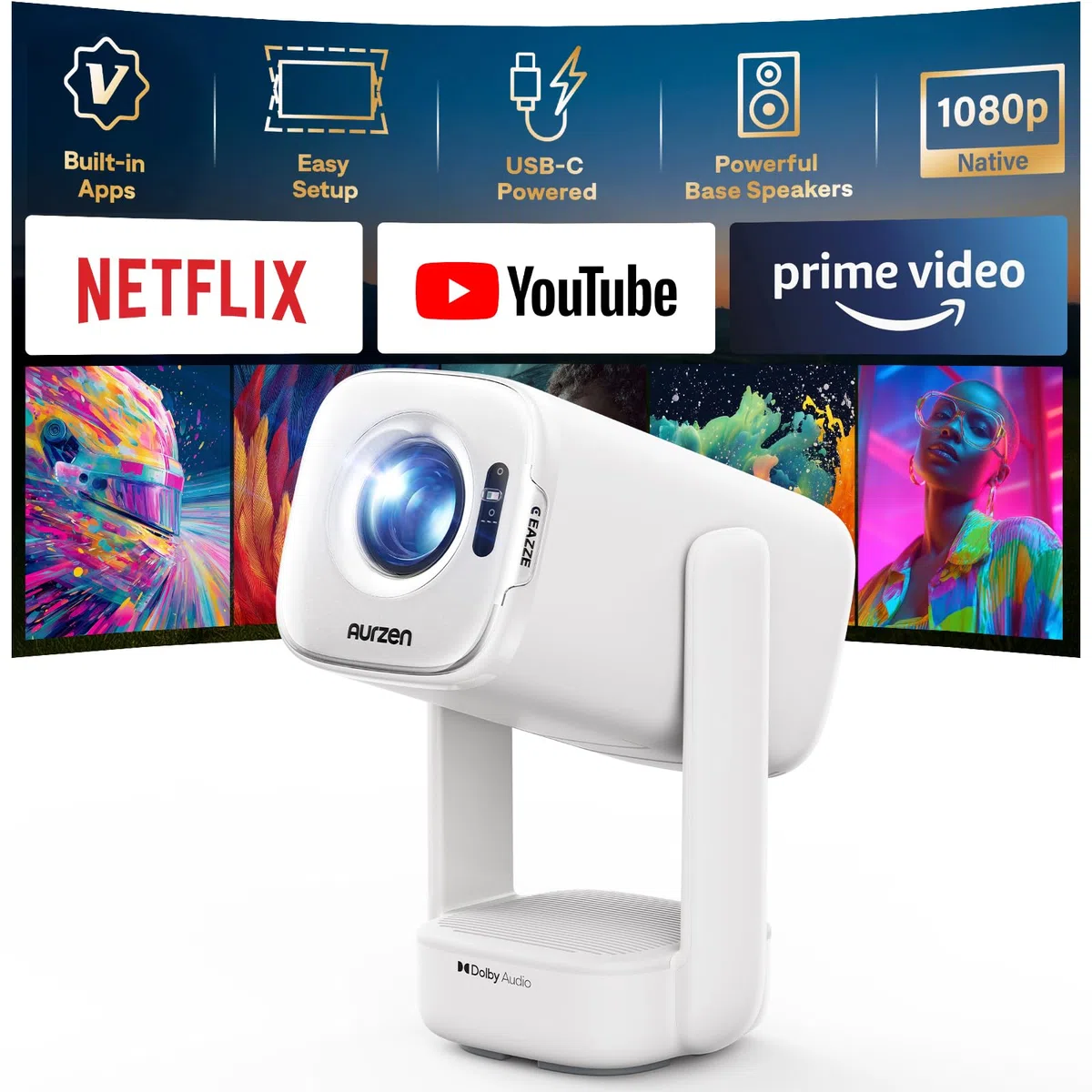 Aurzen D1 air Smart Beamer mit Netflix, 16W Dolby Audio, 1080P HDR10 4K-Unterstützung, 180° Drehbar Mini Tragbarer Projektor mit USB-C PD, TOF-Autofokus, Trapezkorrektur, Weiß
