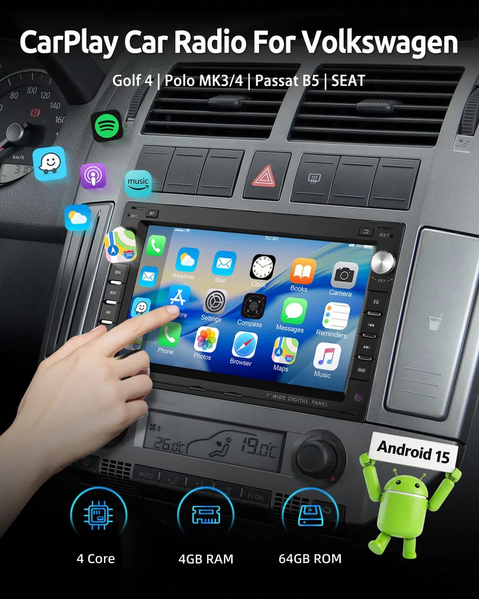 ESSGOO 4+64G Wireless CarPlay Android Auto Autoradio Für VW Polo MK3/4 9N Golf 4 Passat B5 T5 Seat Skoda,Android 15 Bluetooth Radio mit 7 Zoll Touchscereen FM RDS GPS Navi WiFi
