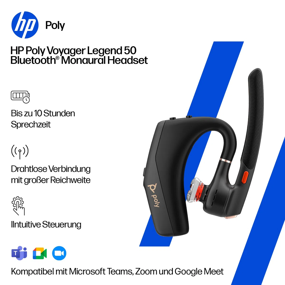 Poly Voyager Legend 50 Bluetooth-Headset NoiseBlockAI WindSmart Smart-Sensor 10 Stunden Akkulaufzeit Geräuschunterdrückung Schwarz
