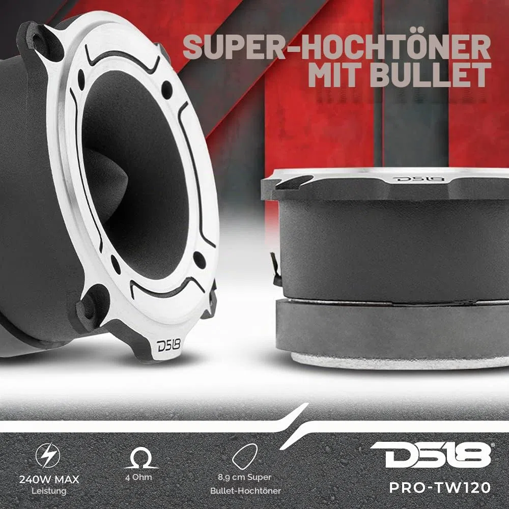 DS18 PRO-TW120 Super Bullet Hochtöner in Silber, 7,6 cm Aluminiumrahmen und Membran, 240 W, max. 120 W RMS 4 Ohm, eingebaute Frequenzweiche – Pro-Hochtöner sind die besten auf dem professionellen