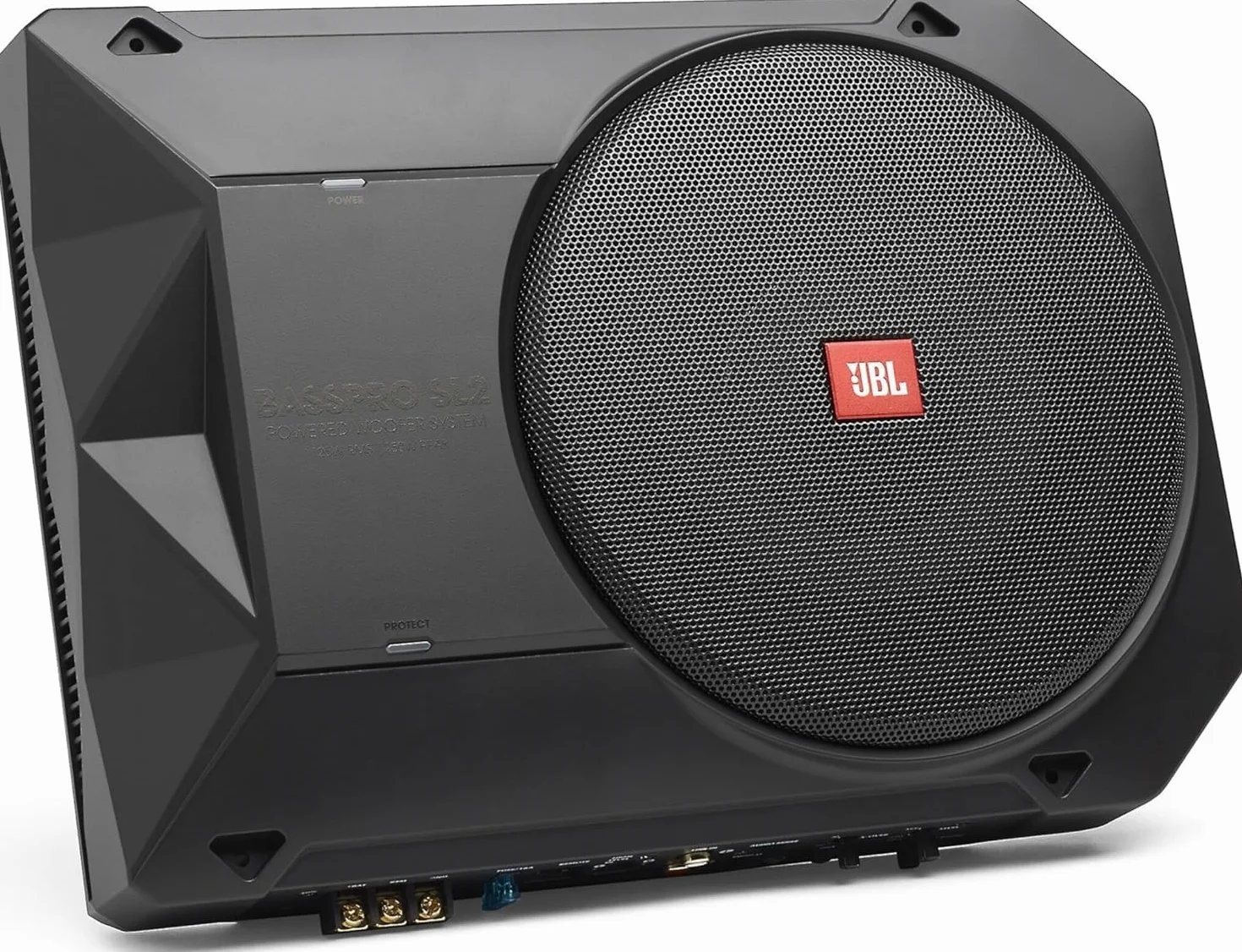 JBL BassPro SL2 Aktiv Subwoofer Auto Set - Car hifi Untersitz Bassbox Gehäuse mit Bassreflex Woofer box groß 200mm und 125 Watt aktiver Verstärker, Schwarz, 44