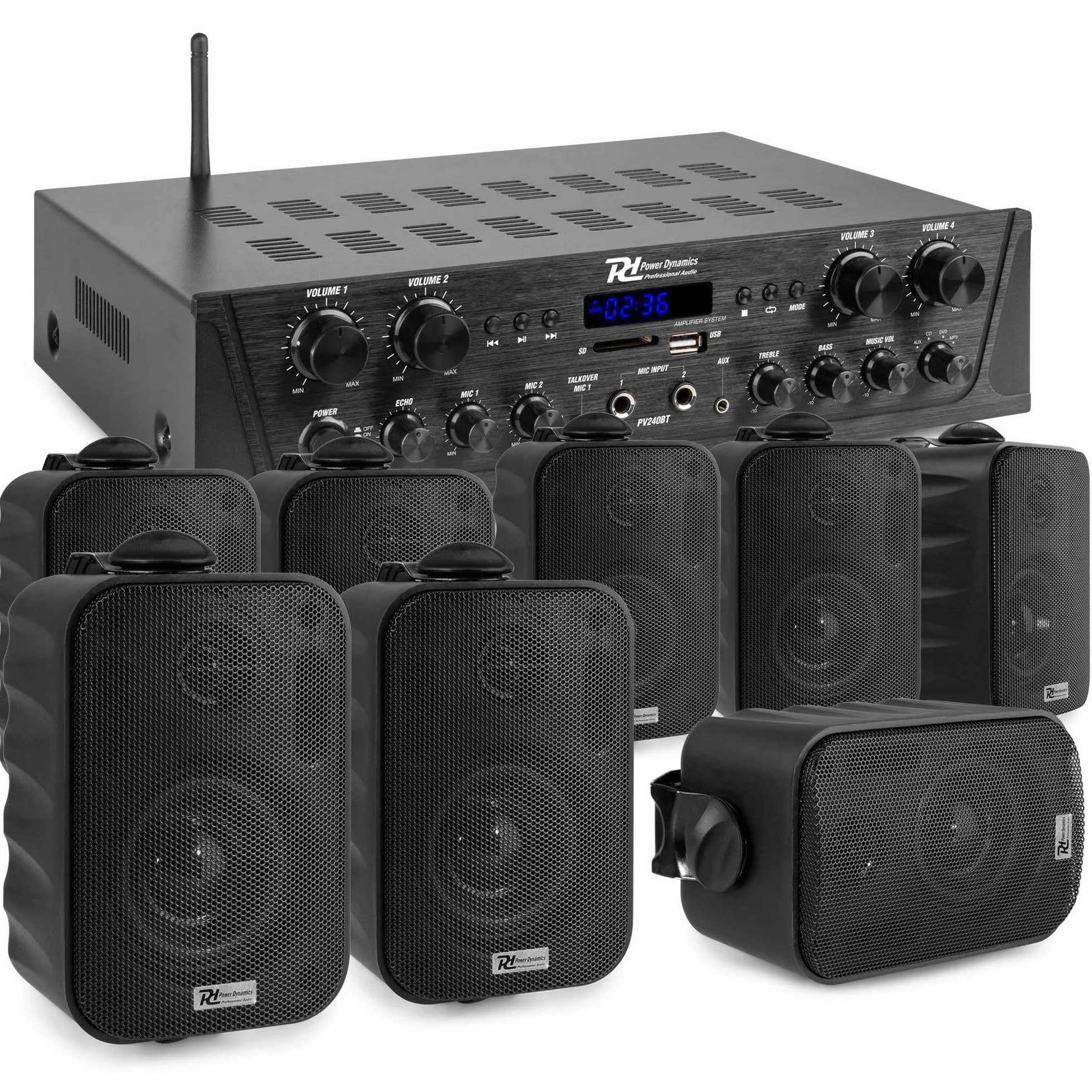 Power Dynamics 4-Zonen Verstärker mit Bluetooth & 8x Outdoor Lautsprecher Boxen – 400W Hifi Set mit 100m Kabel, USB/Radio – Wasserdichtes Soundsystem, 4 Kanal Endstufe für Gastronomie, Zuhause Schwarz